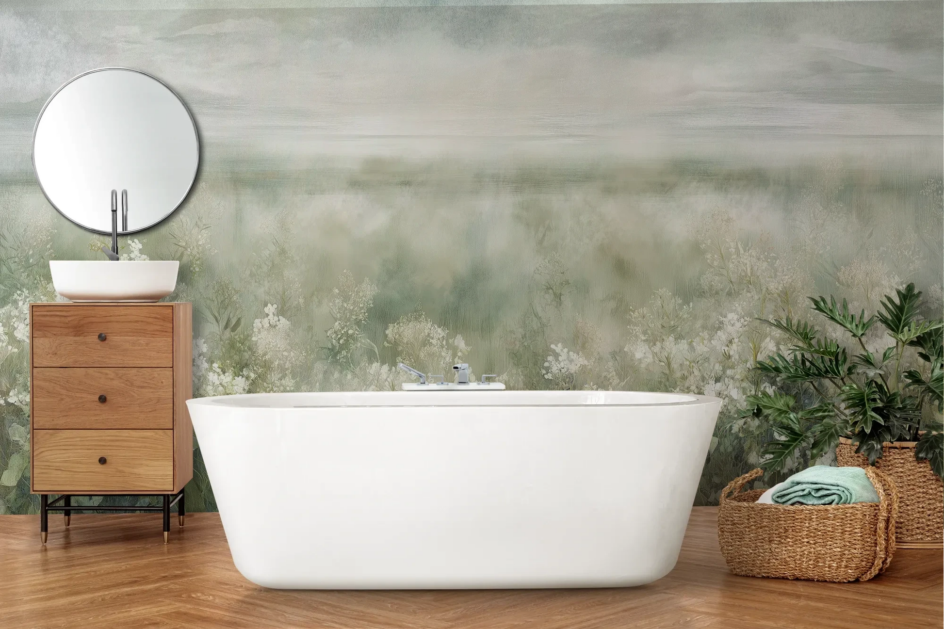 Wzór fototapety FROST BLOSSOM VISTA - tapeta z mglistą łąką kwiatów pokazanej w aranżacji łazienki.