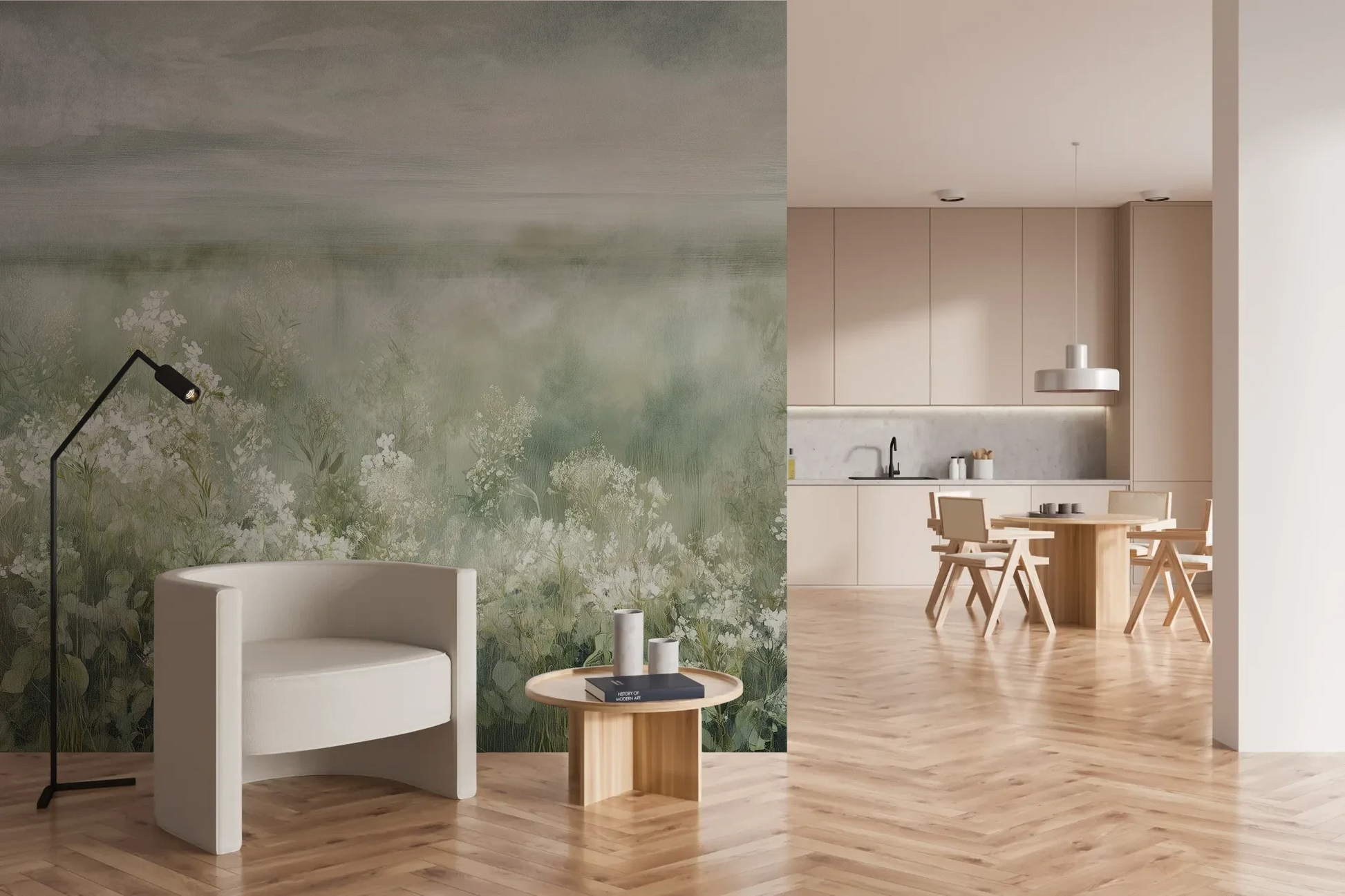 Wzór fototapety FROST BLOSSOM VISTA - tapeta z mglistą łąką kwiatów pokazanej w aranżacji kuchni.