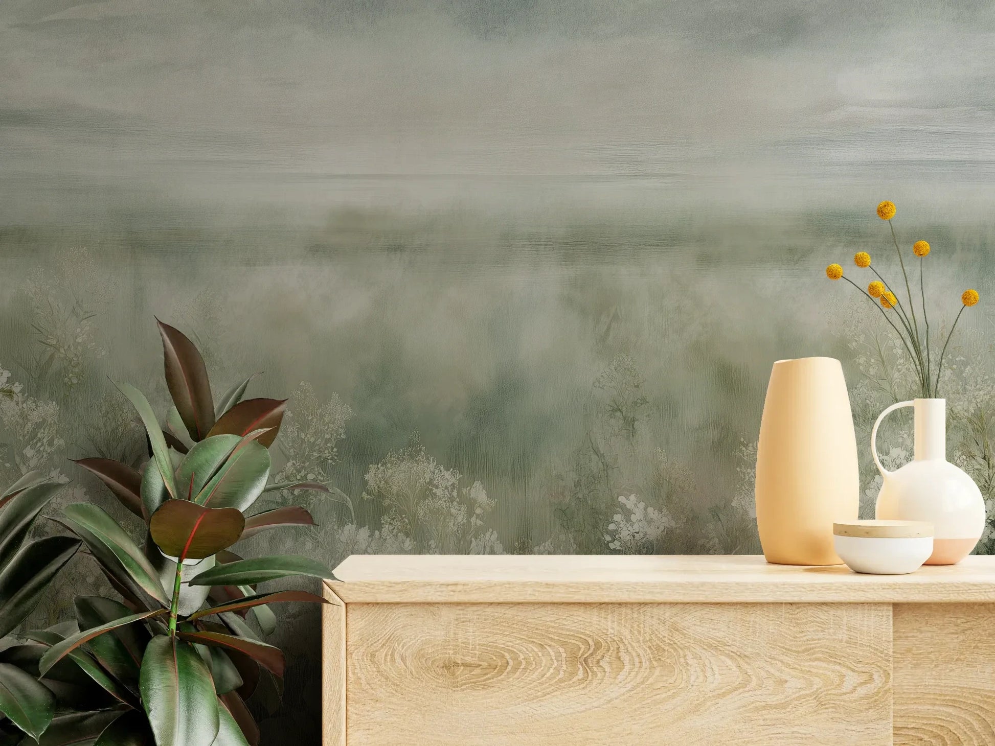 Fototapeta FROST BLOSSOM VISTA - tapeta z mglistą łąką kwiatów pokazana w aranżacji wnętrza z akcentem na ścianie.