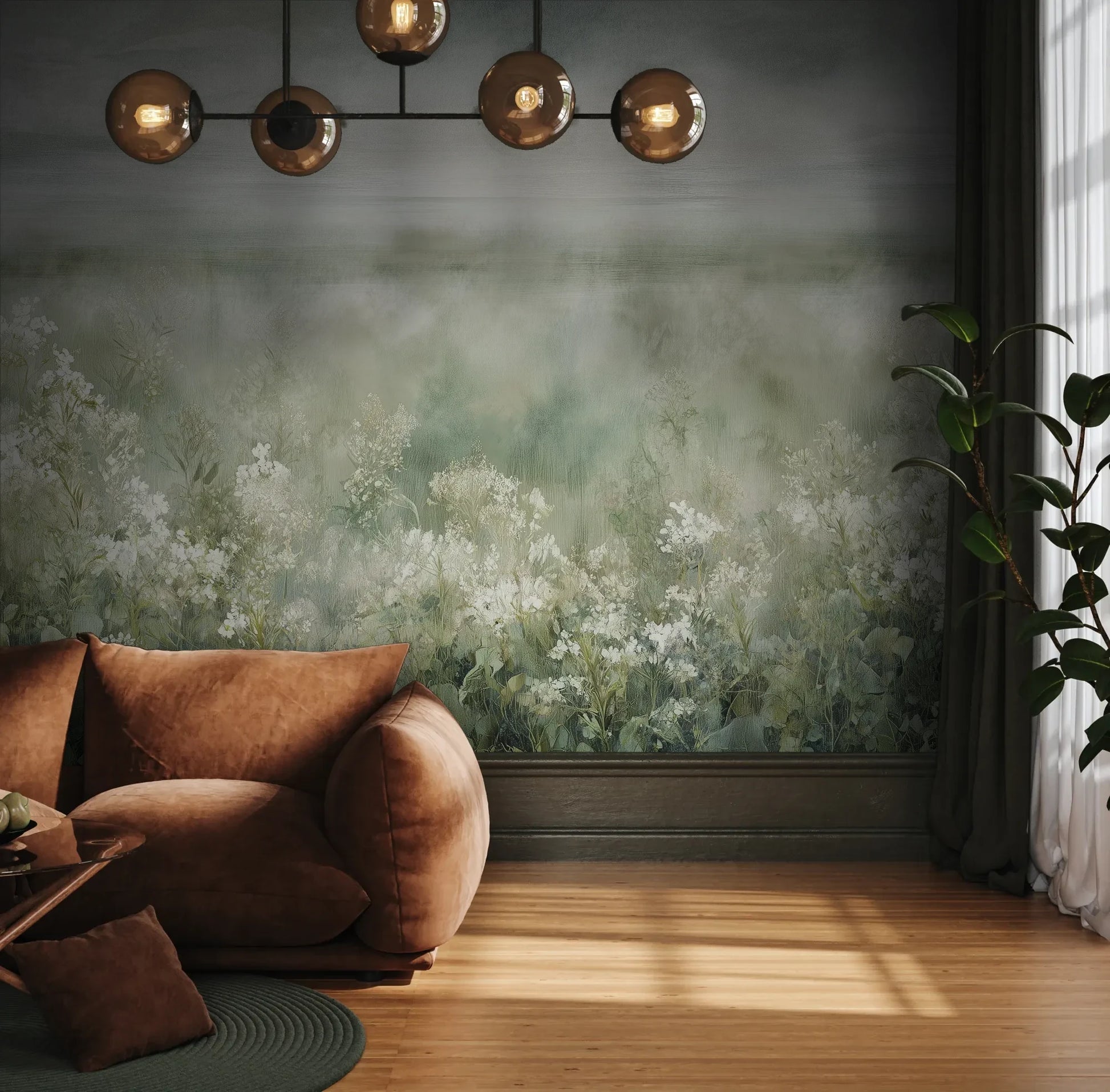 Fototapeta FROST BLOSSOM VISTA - tapeta z mglistą łąką kwiatów pokazana w aranżacji wnętrza z akcentem na ścianie.