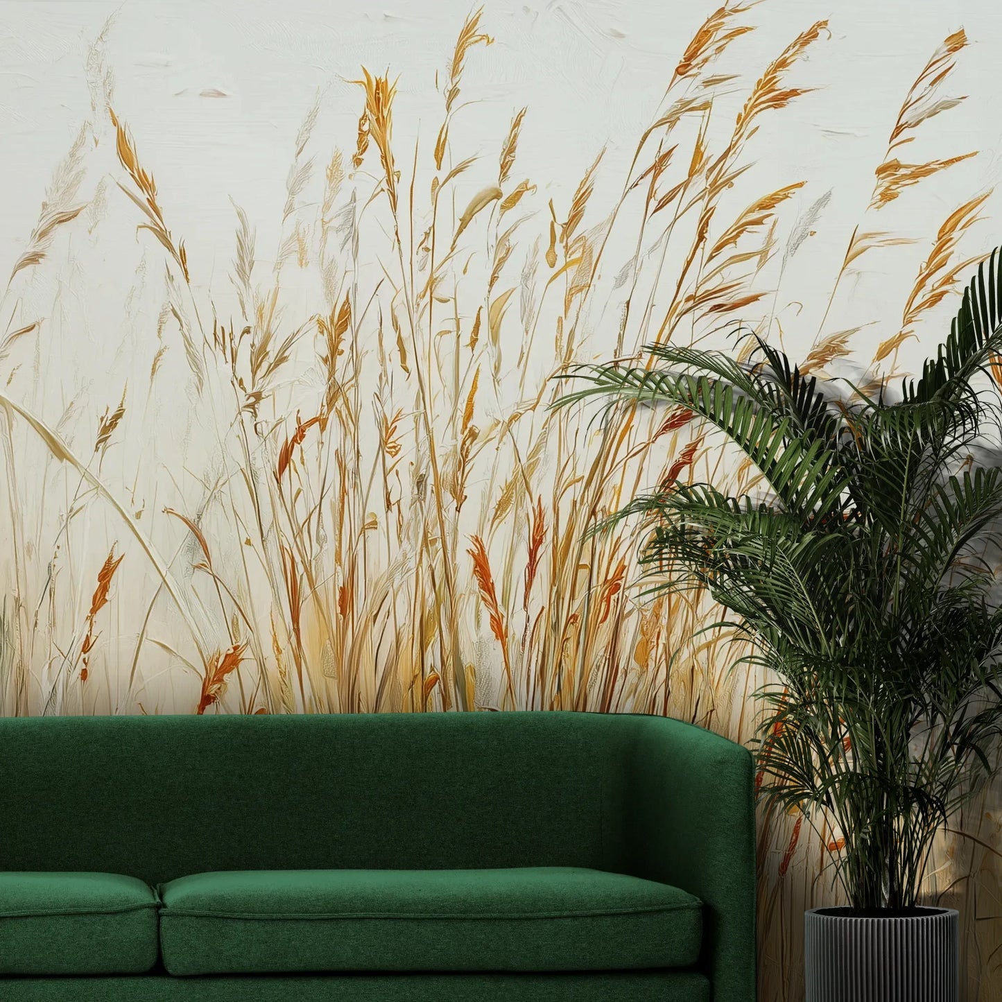 Fototapeta GOLDEN HARVEST - tapeta z kłosami traw w złocistych odcieniach pokazana w aranżacji wnętrza z akcentem na ścianie.