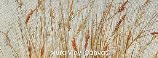 Zbliżenie na fototapetę GOLDEN HARVEST - tapeta z kłosami traw w złocistych odcieniach na podłożu o fakturze płótna.