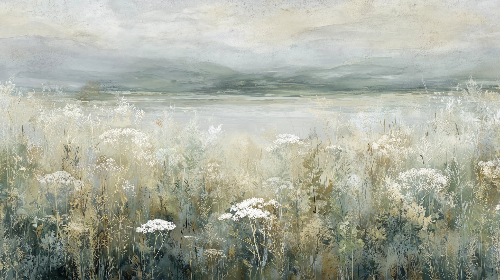 Prezentacja całego wzoru fototapety o nazwie PALE WILDSCAPE - tapeta z łąką w delikatnej mgle