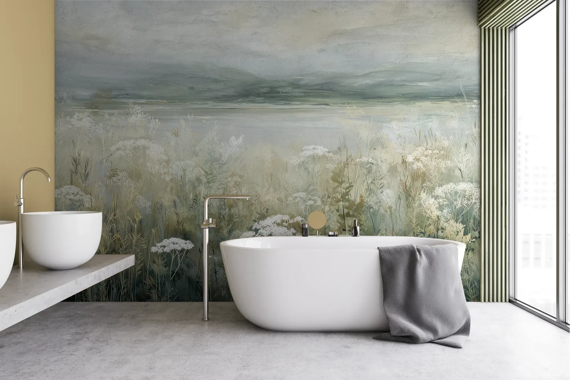 Wzór fototapety PALE WILDSCAPE - tapeta z łąką w delikatnej mgle pokazanej w aranżacji łazienki.