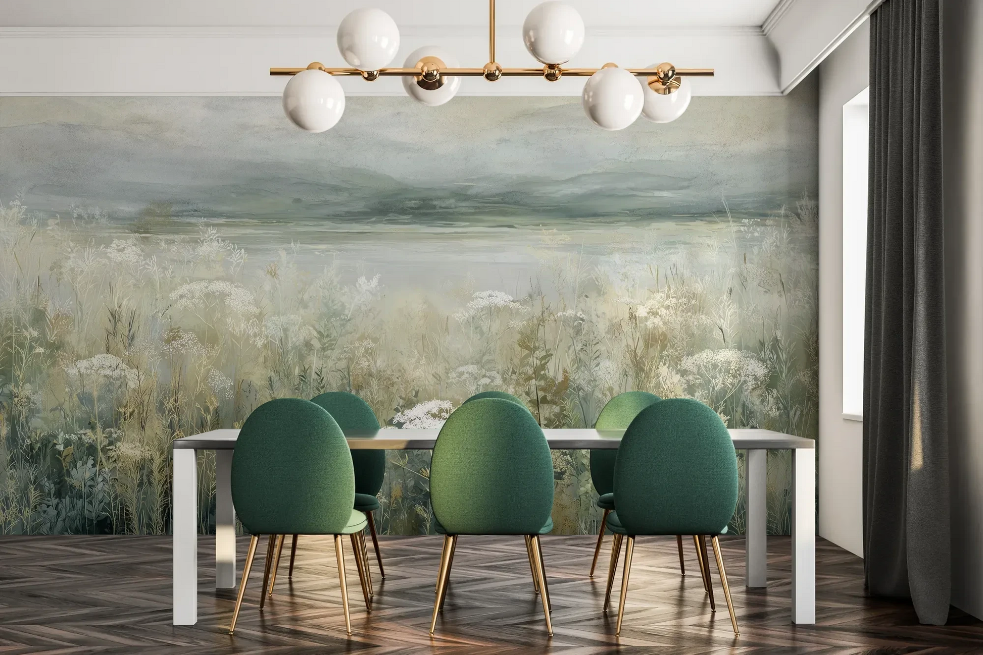 Fototapeta PALE WILDSCAPE - tapeta z łąką w delikatnej mgle pokazana w aranżacji jadalni.