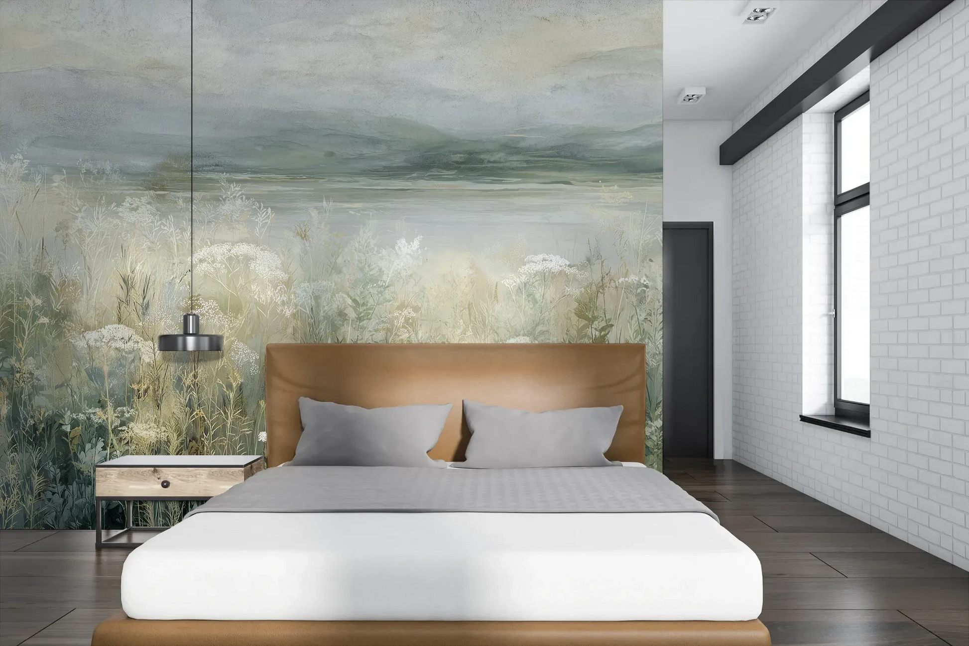 Wzór fototapety PALE WILDSCAPE - tapeta z łąką w delikatnej mgle pokazanej w aranżacji sypialni.