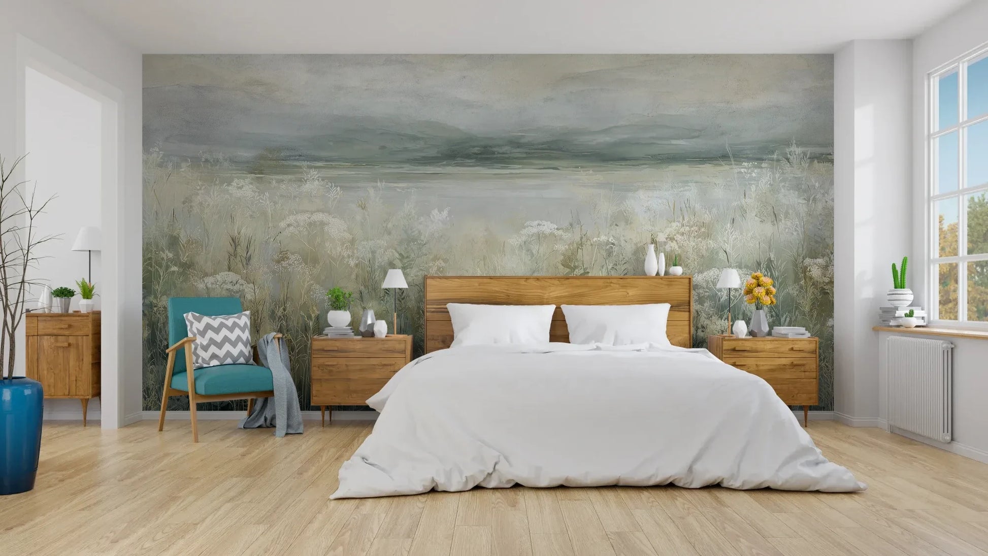 Wzór fototapety PALE WILDSCAPE - tapeta z łąką w delikatnej mgle pokazanej w aranżacji sypialni.