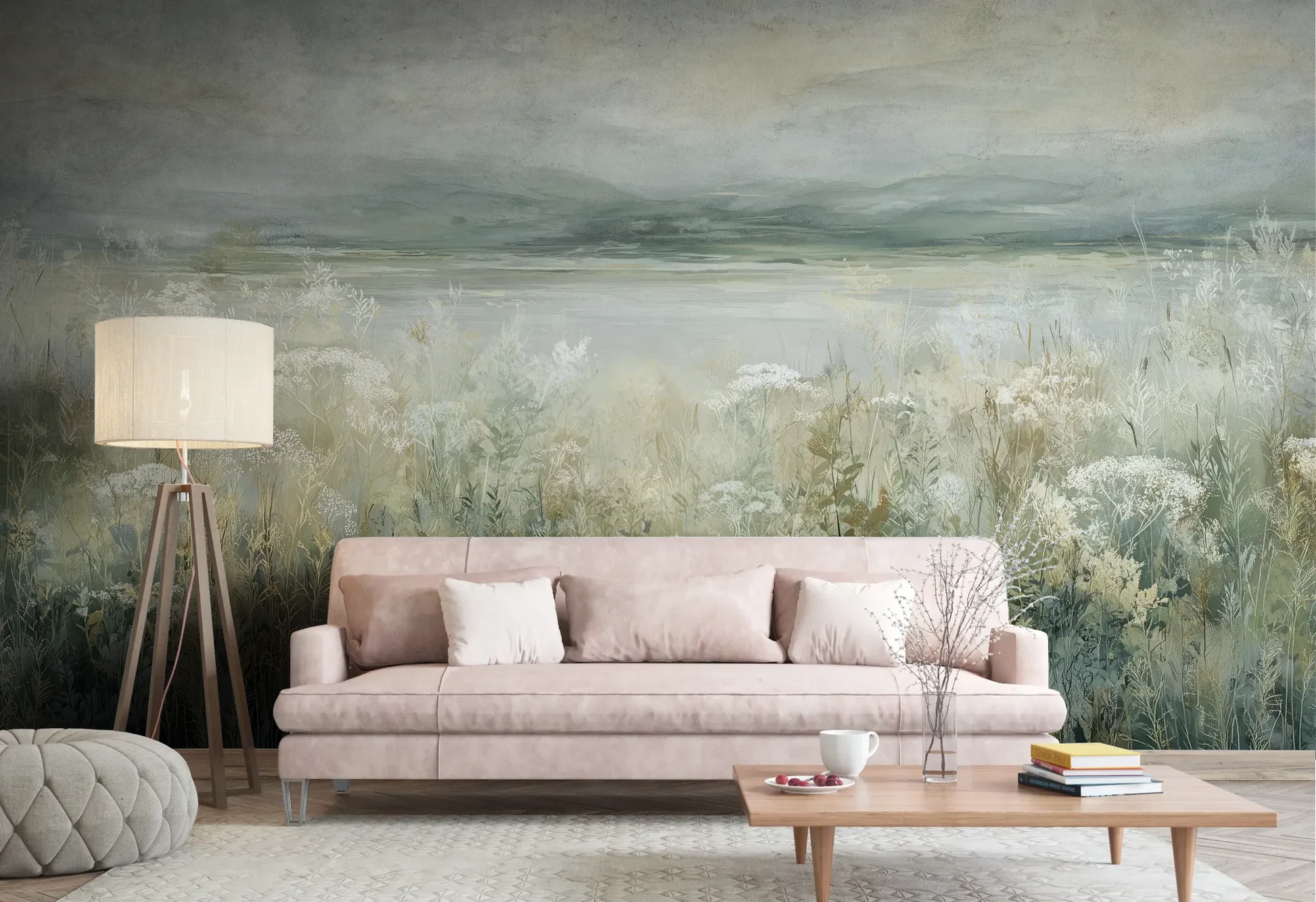 Wzór fototapety PALE WILDSCAPE - tapeta z łąką w delikatnej mgle pokazanej w aranżacji salonu.