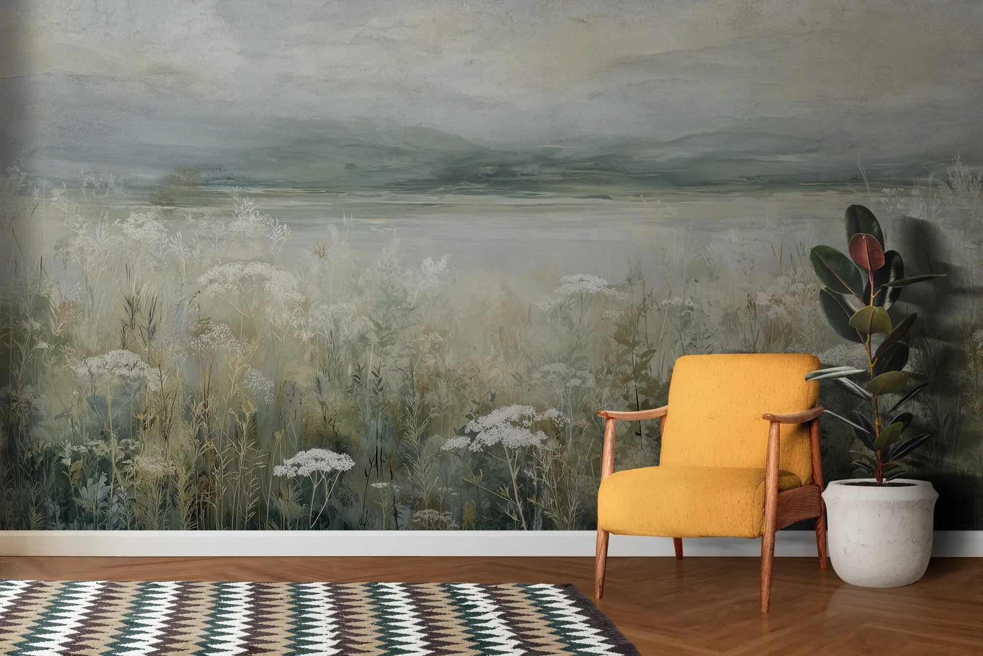 Wzór fototapety PALE WILDSCAPE - tapeta z łąką w delikatnej mgle pokazanej w aranżacji salonu.