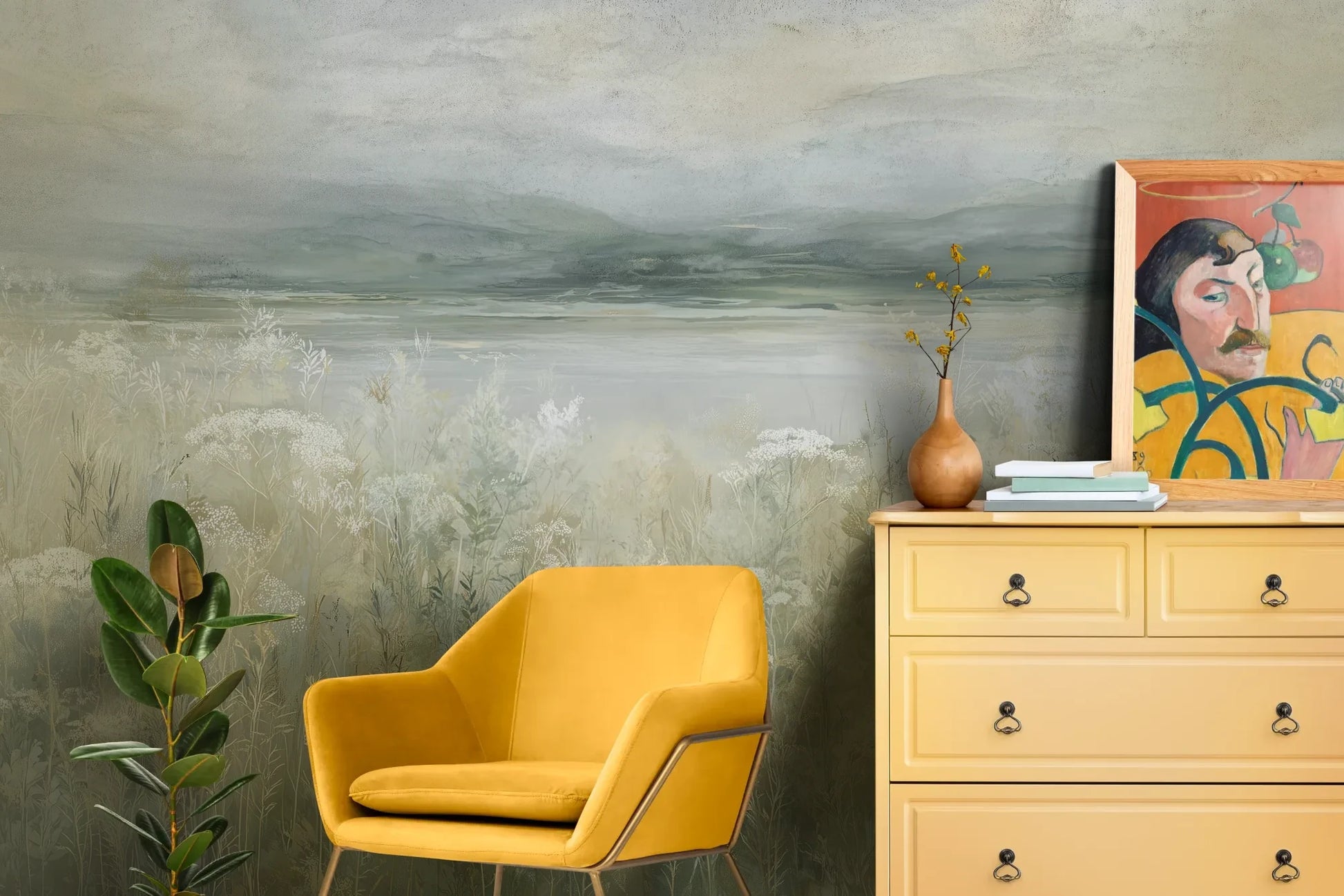 Wzór fototapety PALE WILDSCAPE - tapeta z łąką w delikatnej mgle pokazanej w aranżacji salonu.