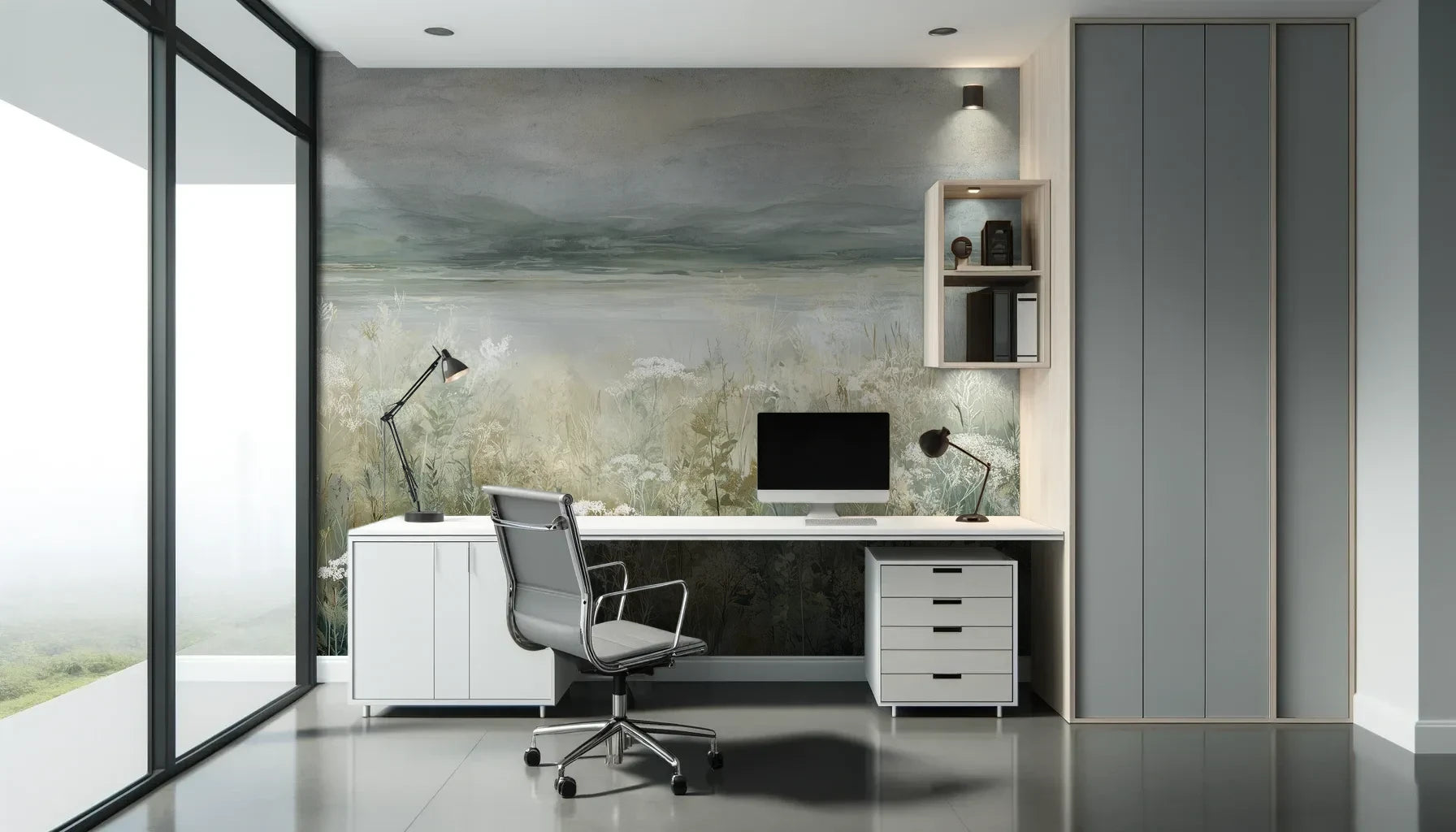 Fototapeta PALE WILDSCAPE - tapeta z łąką w delikatnej mgle pokazana w aranżacji biura.