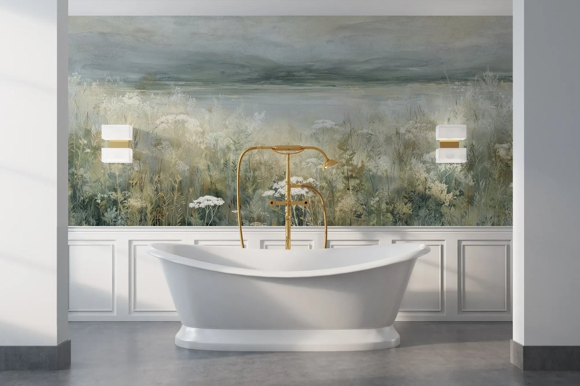 Wzór fototapety PALE WILDSCAPE - tapeta z łąką w delikatnej mgle pokazanej w aranżacji łazienki.