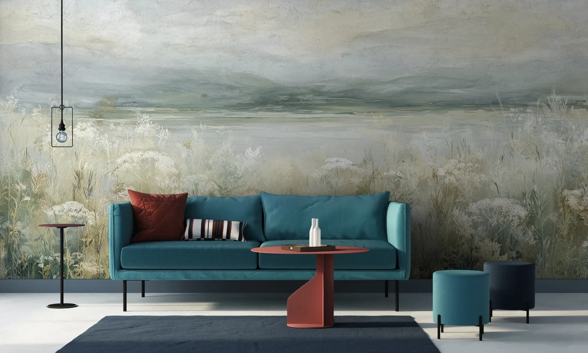 Wzór fototapety PALE WILDSCAPE - tapeta z łąką w delikatnej mgle pokazanej w aranżacji salonu.