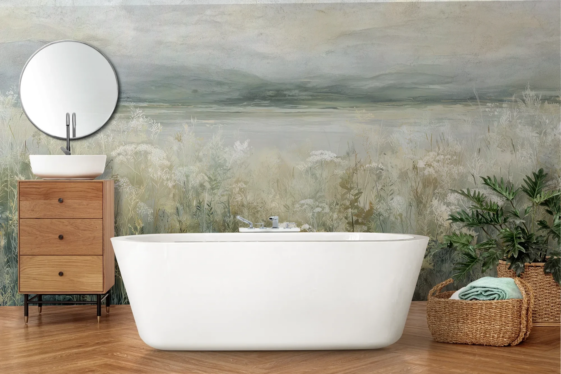 Wzór fototapety PALE WILDSCAPE - tapeta z łąką w delikatnej mgle pokazanej w aranżacji łazienki.
