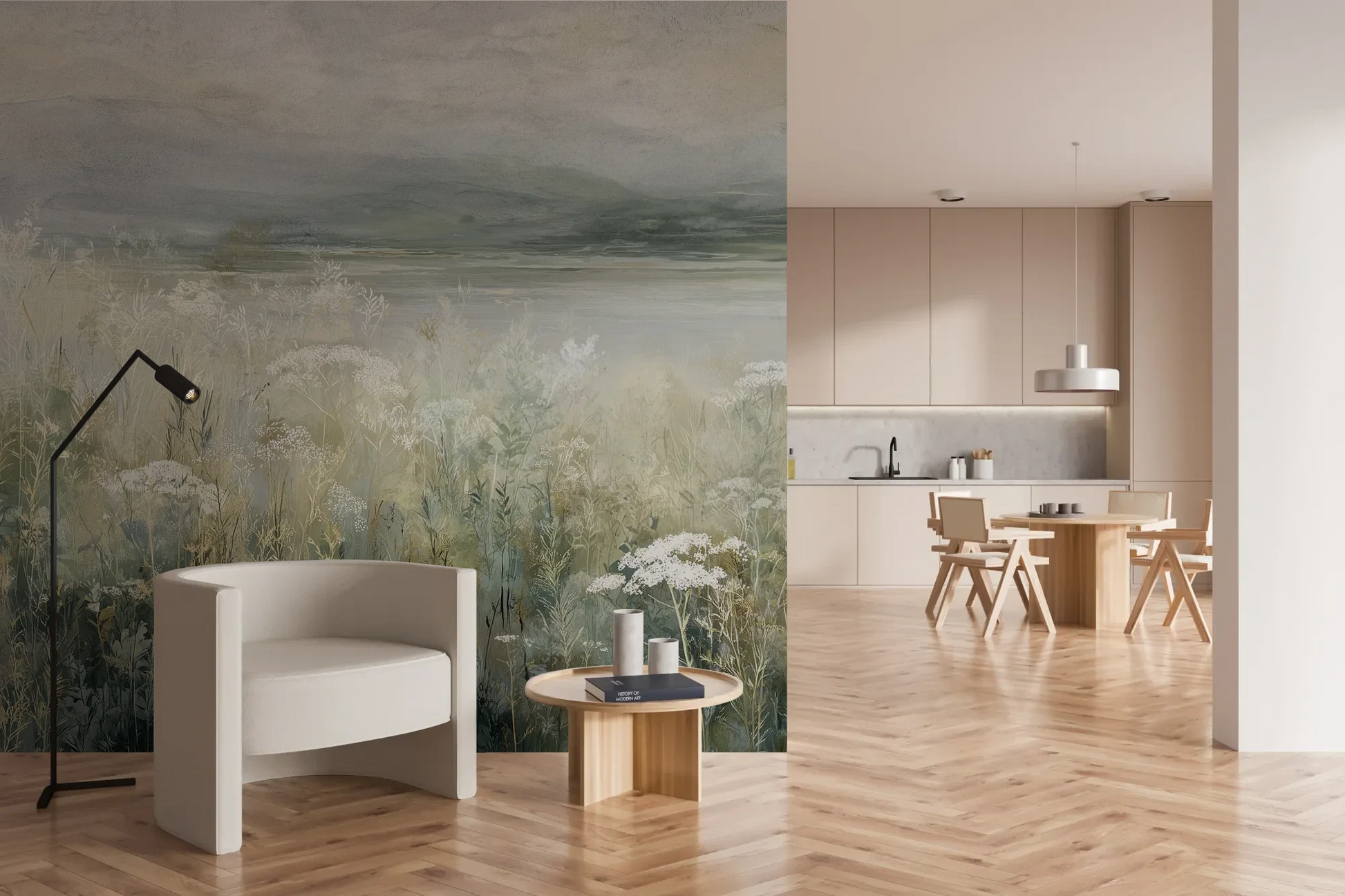 Wzór fototapety PALE WILDSCAPE - tapeta z łąką w delikatnej mgle pokazanej w aranżacji kuchni.