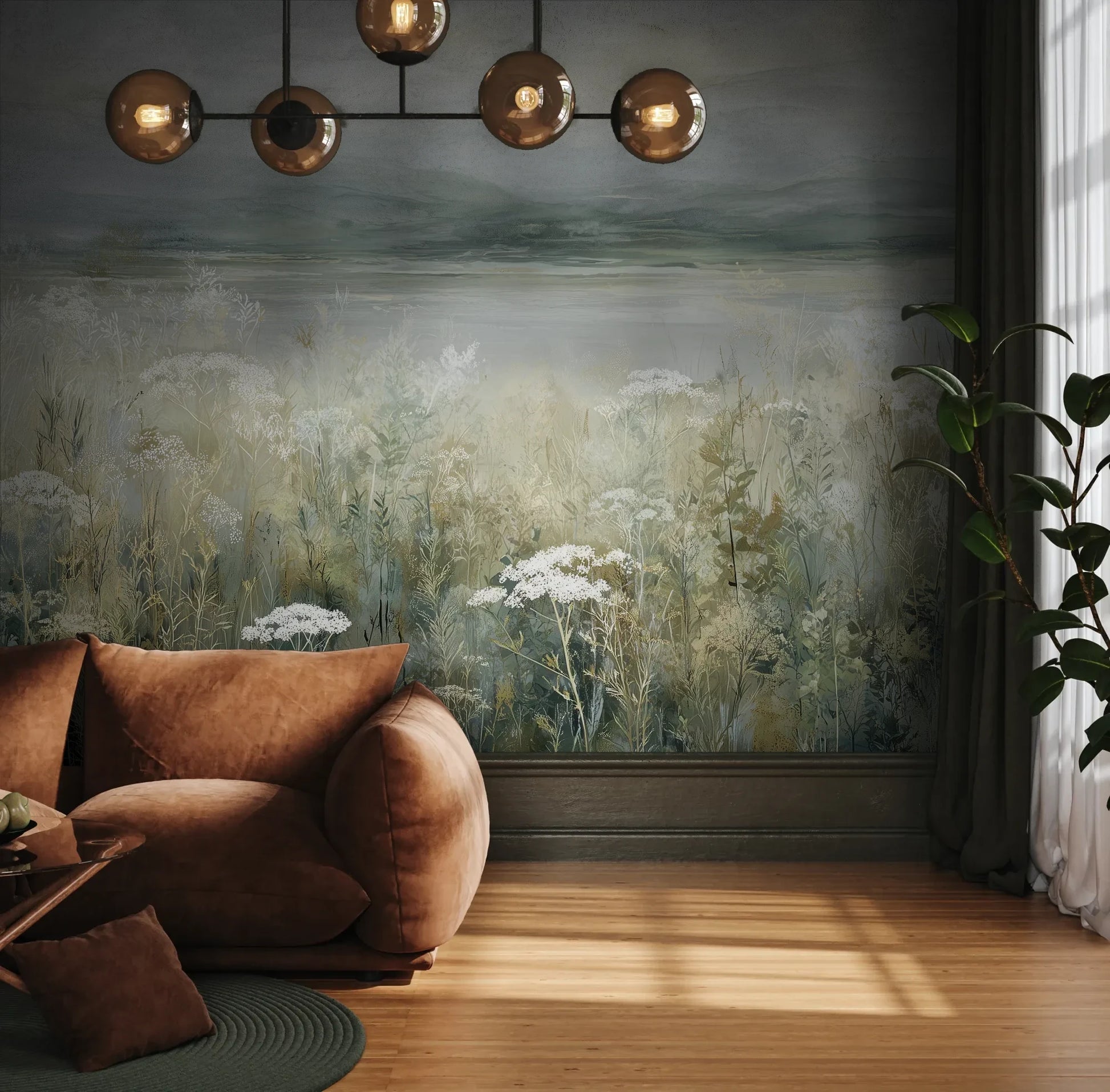 Fototapeta PALE WILDSCAPE - tapeta z łąką w delikatnej mgle pokazana w aranżacji wnętrza z akcentem na ścianie.