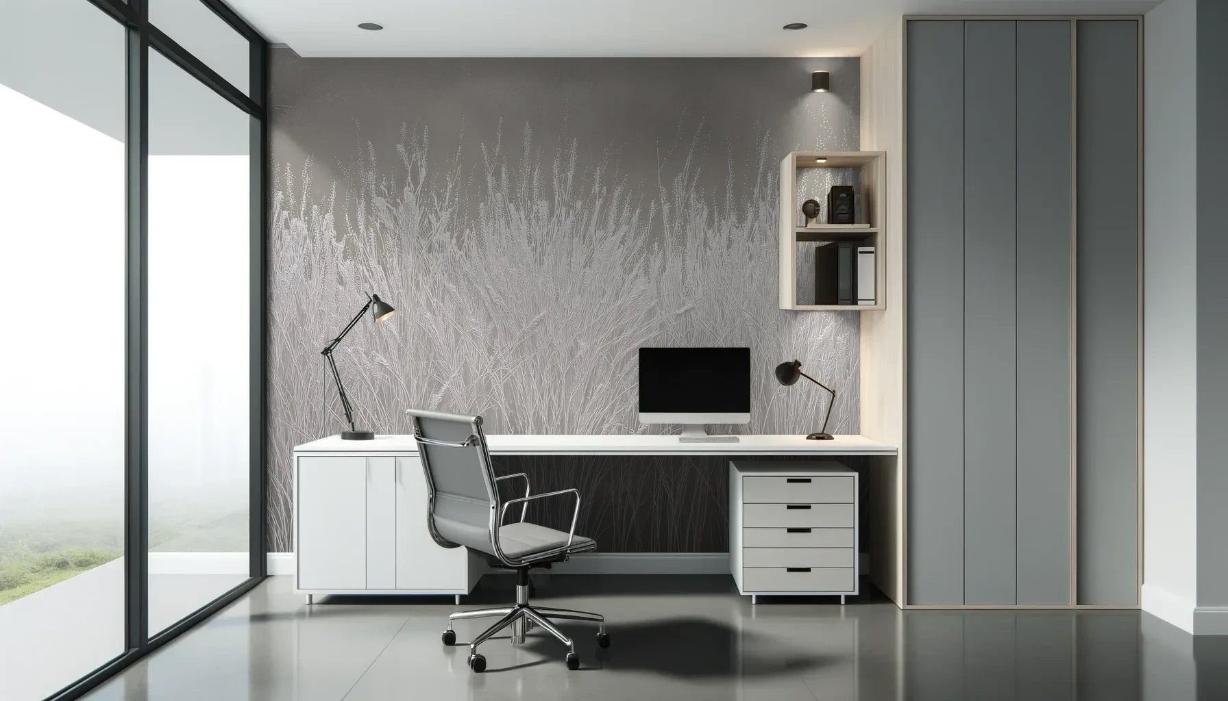 Fototapeta ALABASTER DREAMS - tapeta z delikatną trawą w szarej poświacie pokazana w aranżacji biura.