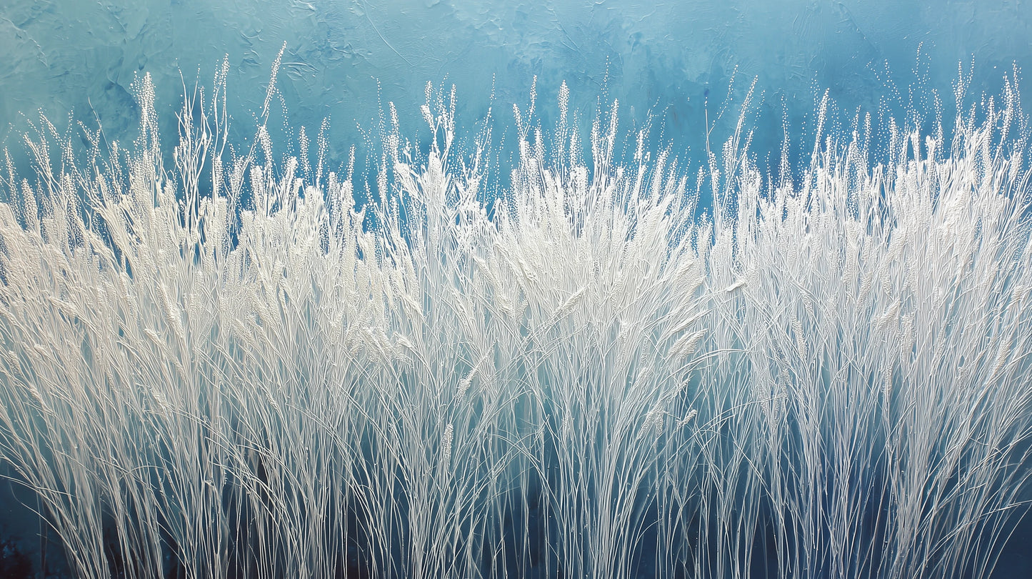 Prezentacja całego wzoru fototapety o nazwie GLACIAL STEMS - tapeta z mroźnymi źdźbłami trawy