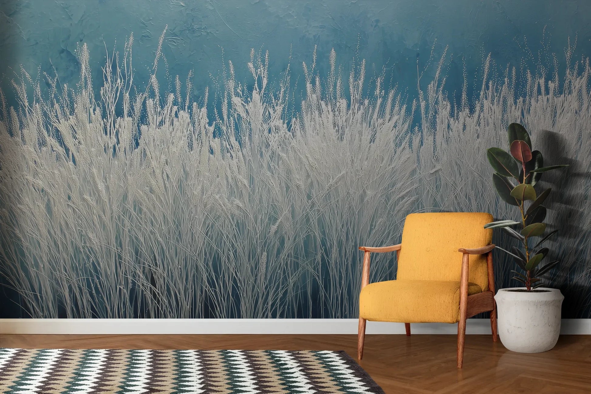 Wzór fototapety GLACIAL STEMS - tapeta z mroźnymi źdźbłami trawy pokazanej w aranżacji salonu.