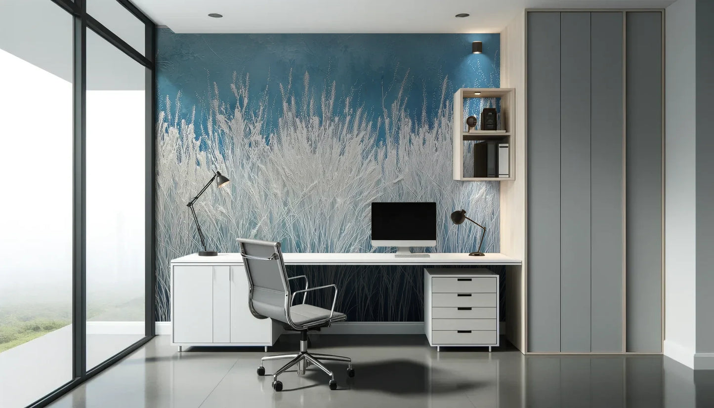 Fototapeta GLACIAL STEMS - tapeta z mroźnymi źdźbłami trawy pokazana w aranżacji biura.