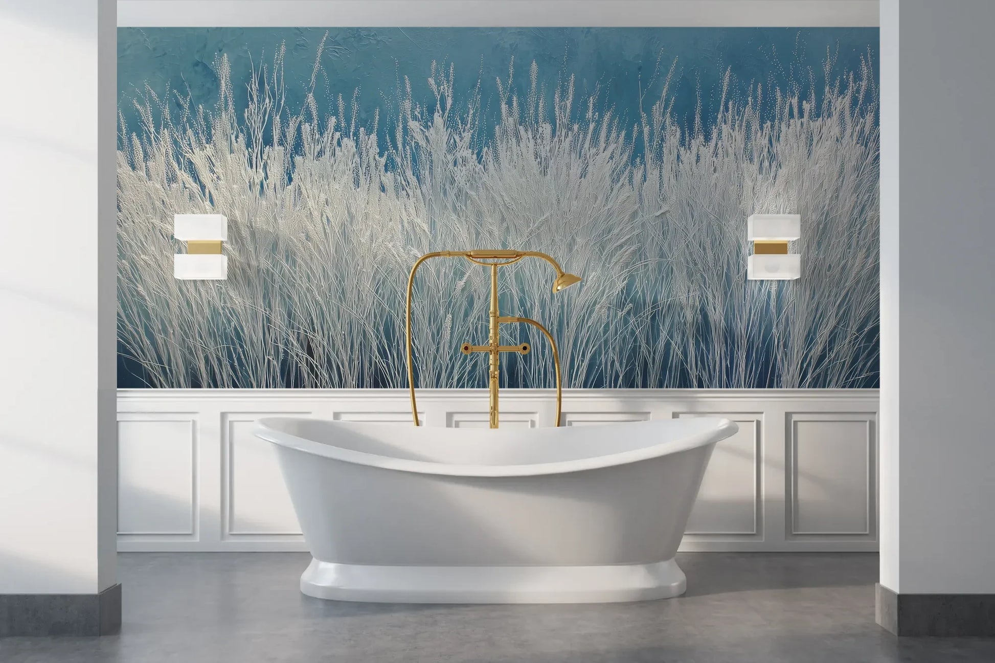 Wzór fototapety GLACIAL STEMS - tapeta z mroźnymi źdźbłami trawy pokazanej w aranżacji łazienki.