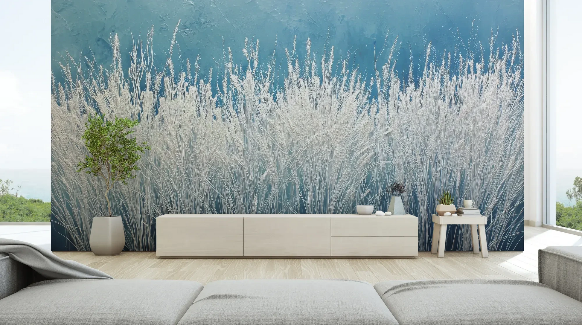 Wzór fototapety GLACIAL STEMS - tapeta z mroźnymi źdźbłami trawy pokazanej w aranżacji salonu.