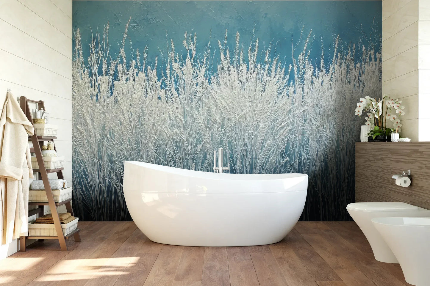 Wzór fototapety GLACIAL STEMS - tapeta z mroźnymi źdźbłami trawy pokazanej w aranżacji łazienki.