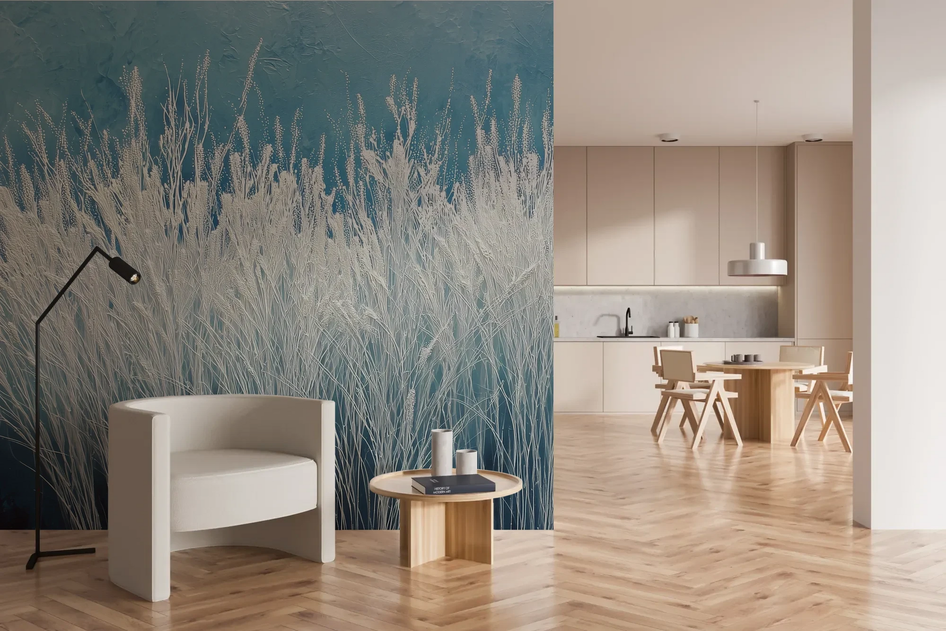 Wzór fototapety GLACIAL STEMS - tapeta z mroźnymi źdźbłami trawy pokazanej w aranżacji kuchni.