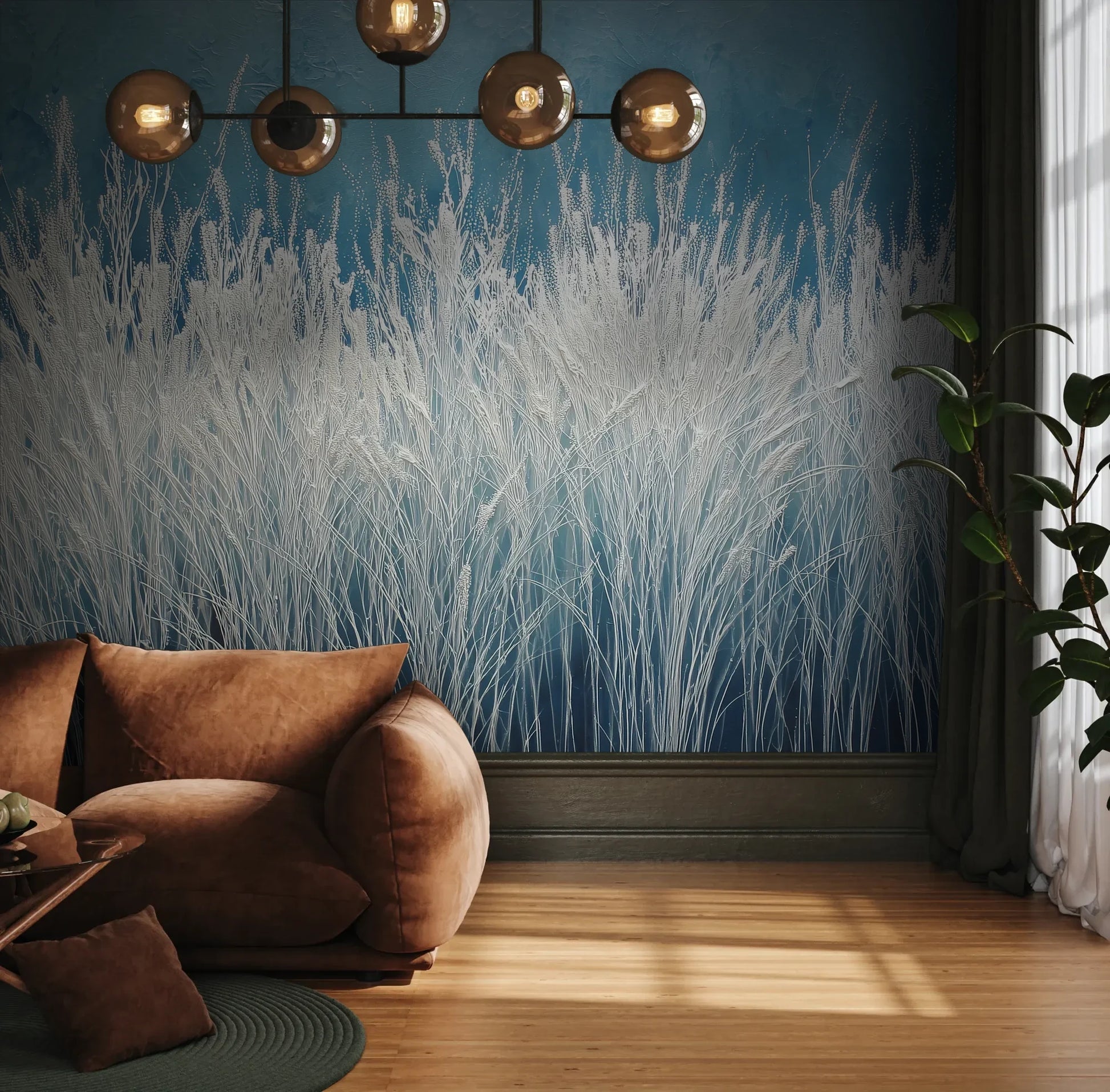 Fototapeta GLACIAL STEMS - tapeta z mroźnymi źdźbłami trawy pokazana w aranżacji wnętrza z akcentem na ścianie.