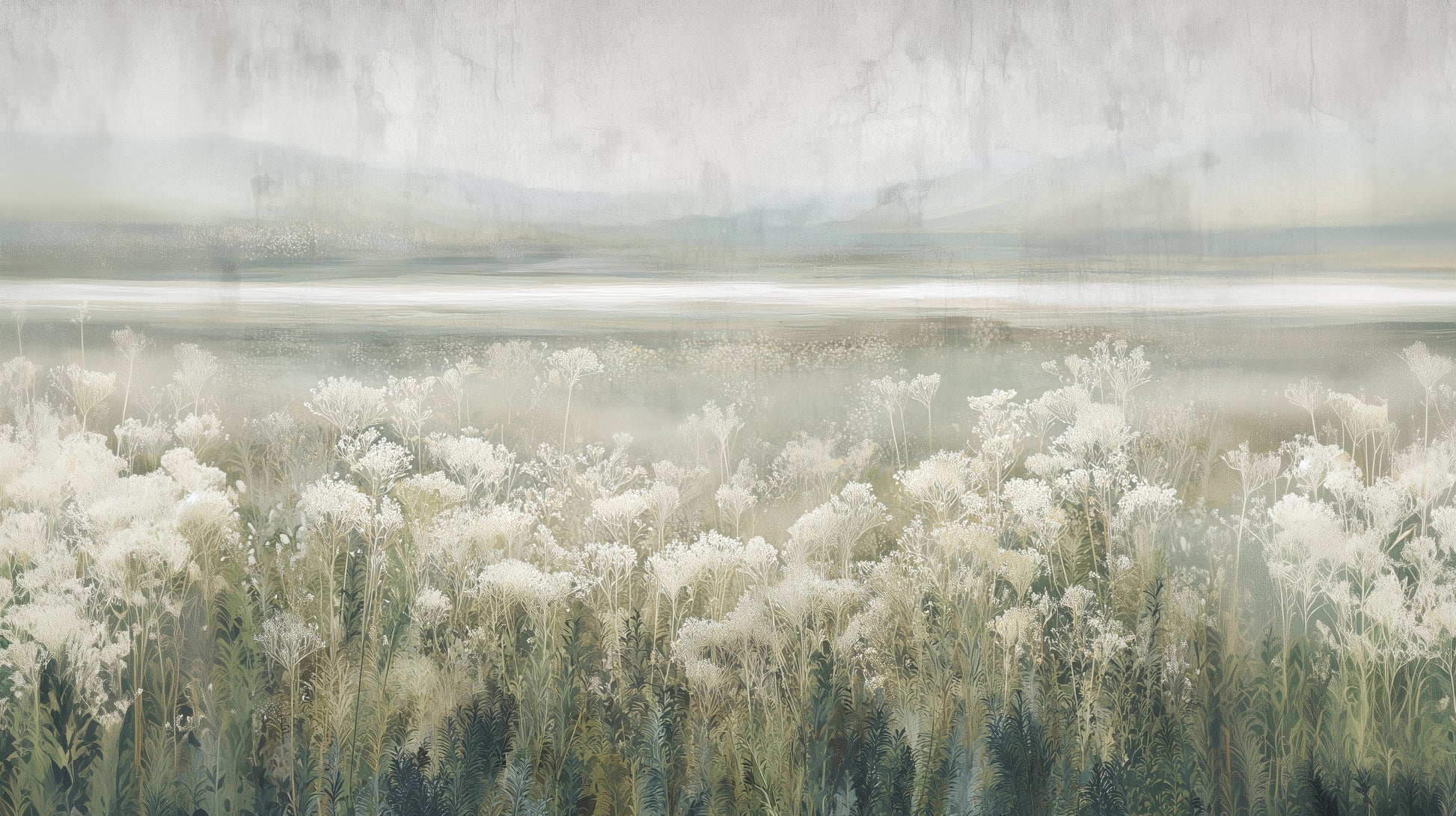 Prezentacja całego wzoru fototapety o nazwie SILVER WILDFLOWERS - tapeta z mglistą łąką