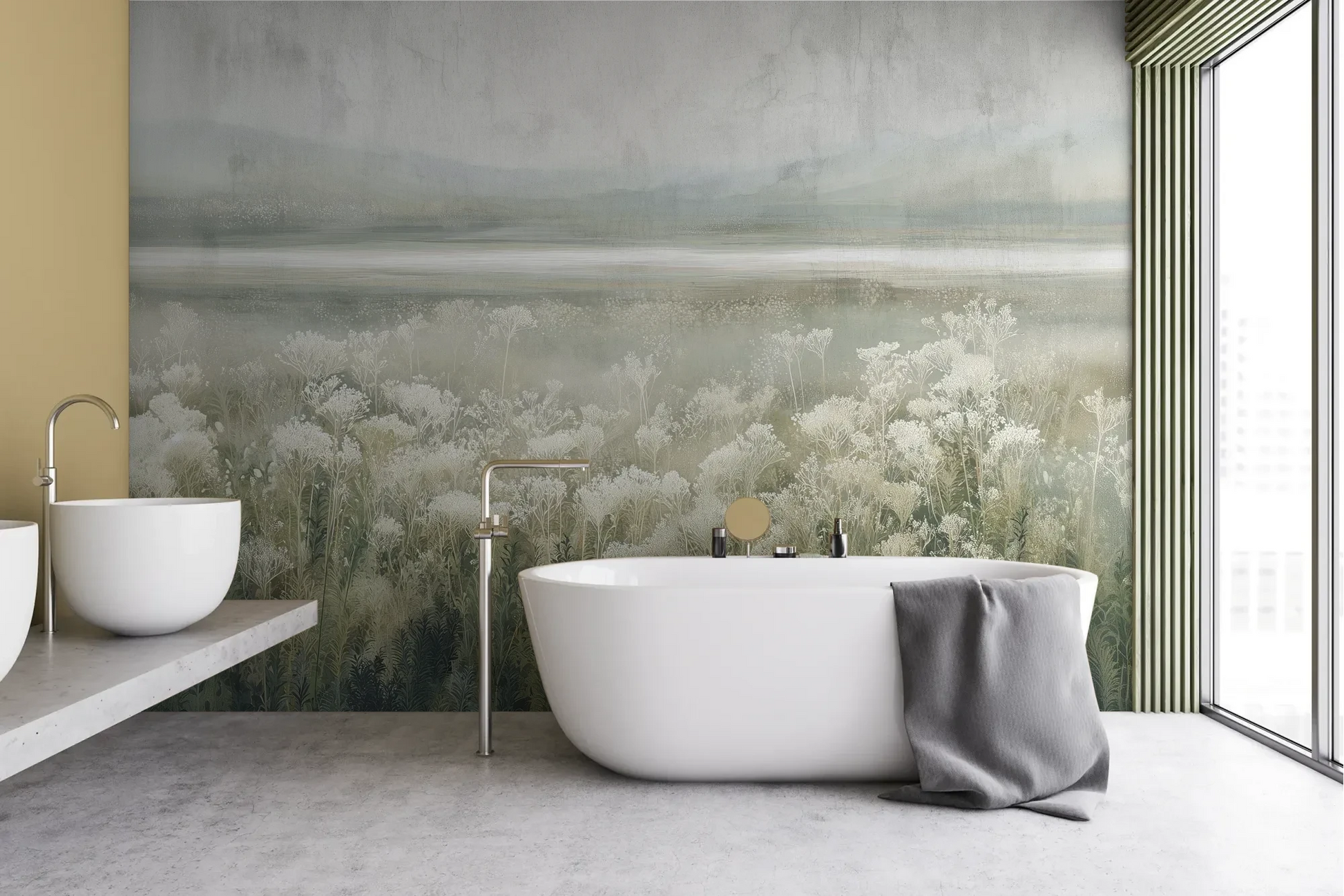Wzór fototapety SILVER WILDFLOWERS - tapeta z mglistą łąką pokazanej w aranżacji łazienki.
