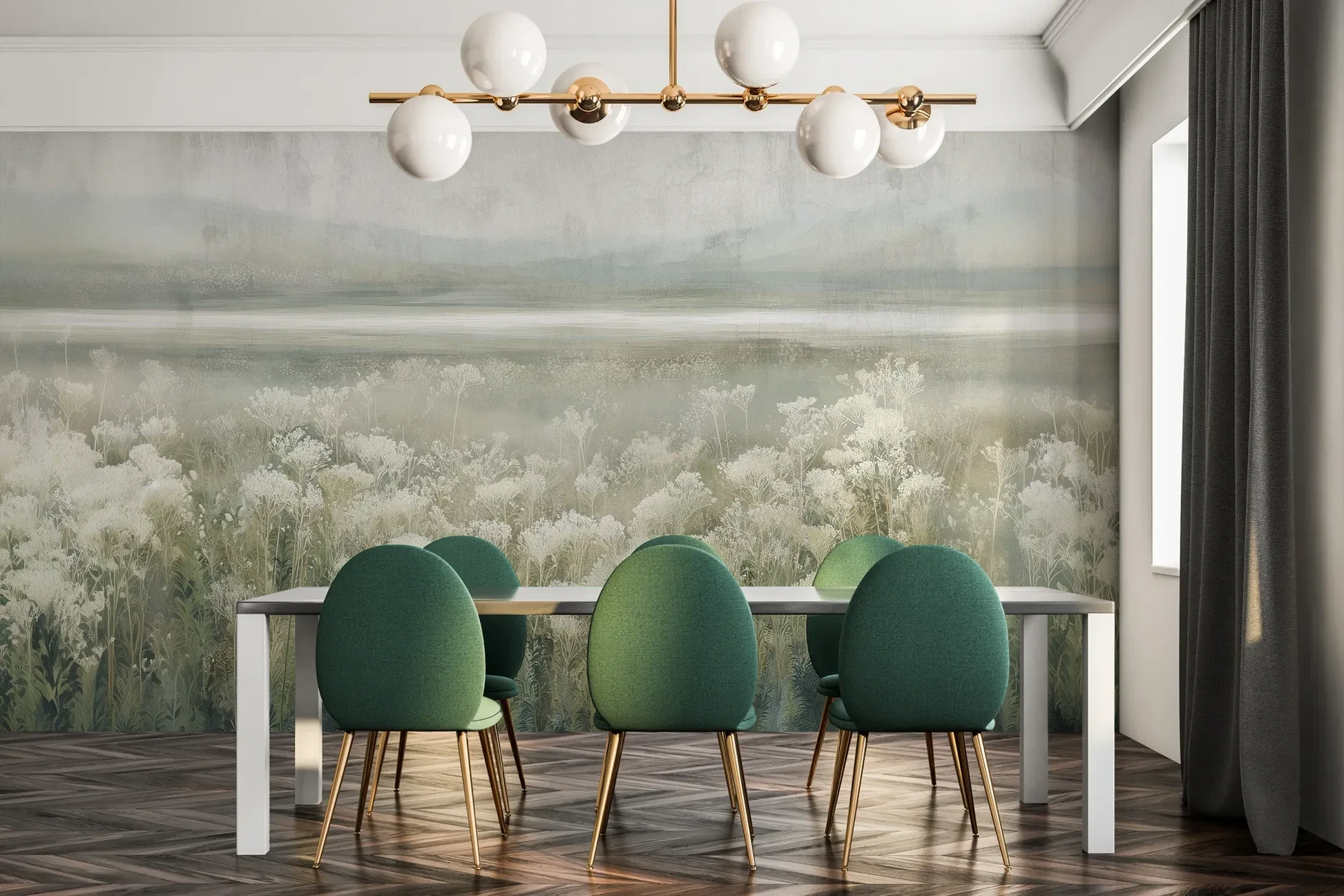 Fototapeta SILVER WILDFLOWERS - tapeta z mglistą łąką pokazana w aranżacji jadalni.