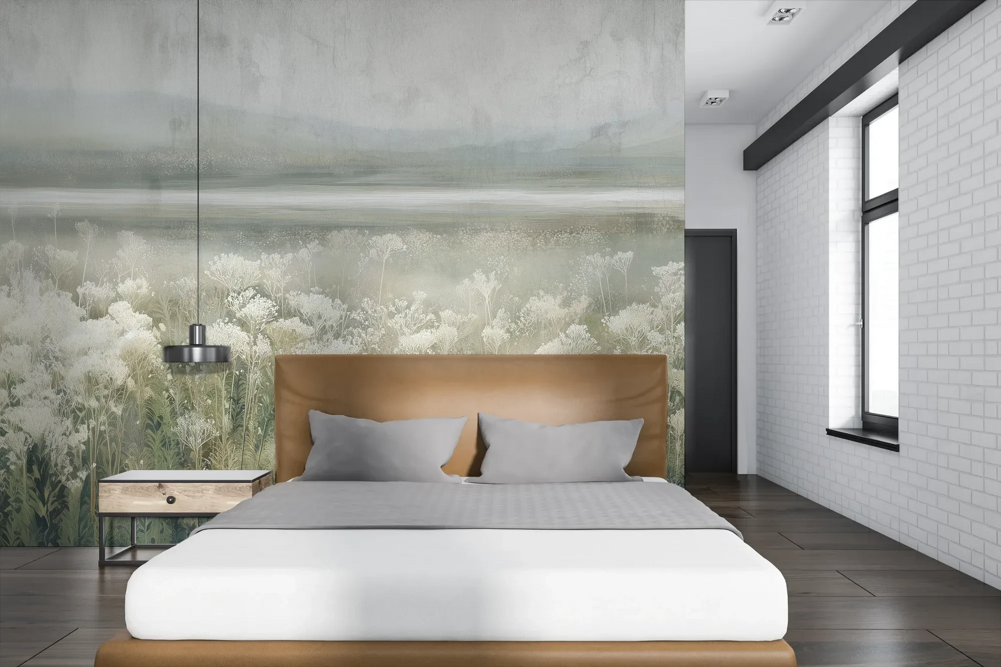 Wzór fototapety SILVER WILDFLOWERS - tapeta z mglistą łąką pokazanej w aranżacji sypialni.