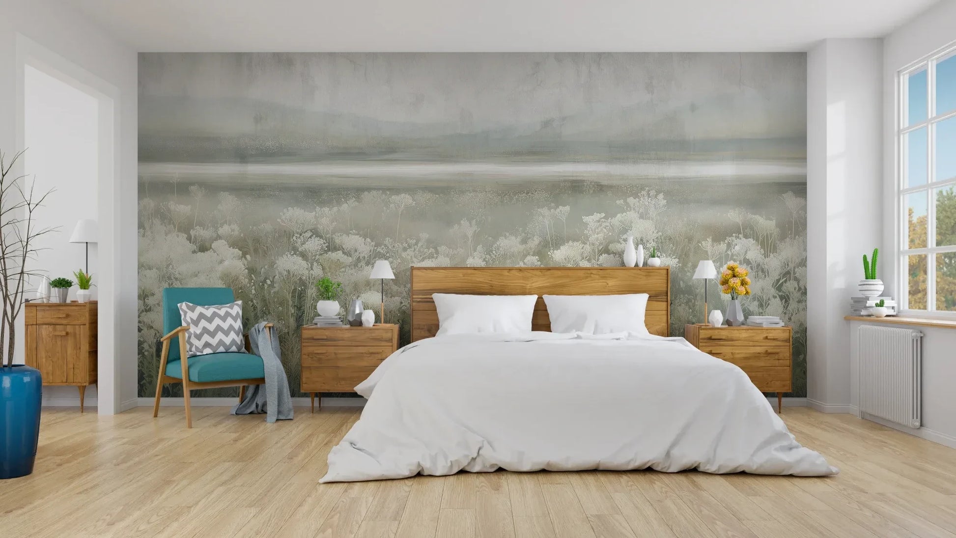 Wzór fototapety SILVER WILDFLOWERS - tapeta z mglistą łąką pokazanej w aranżacji sypialni.