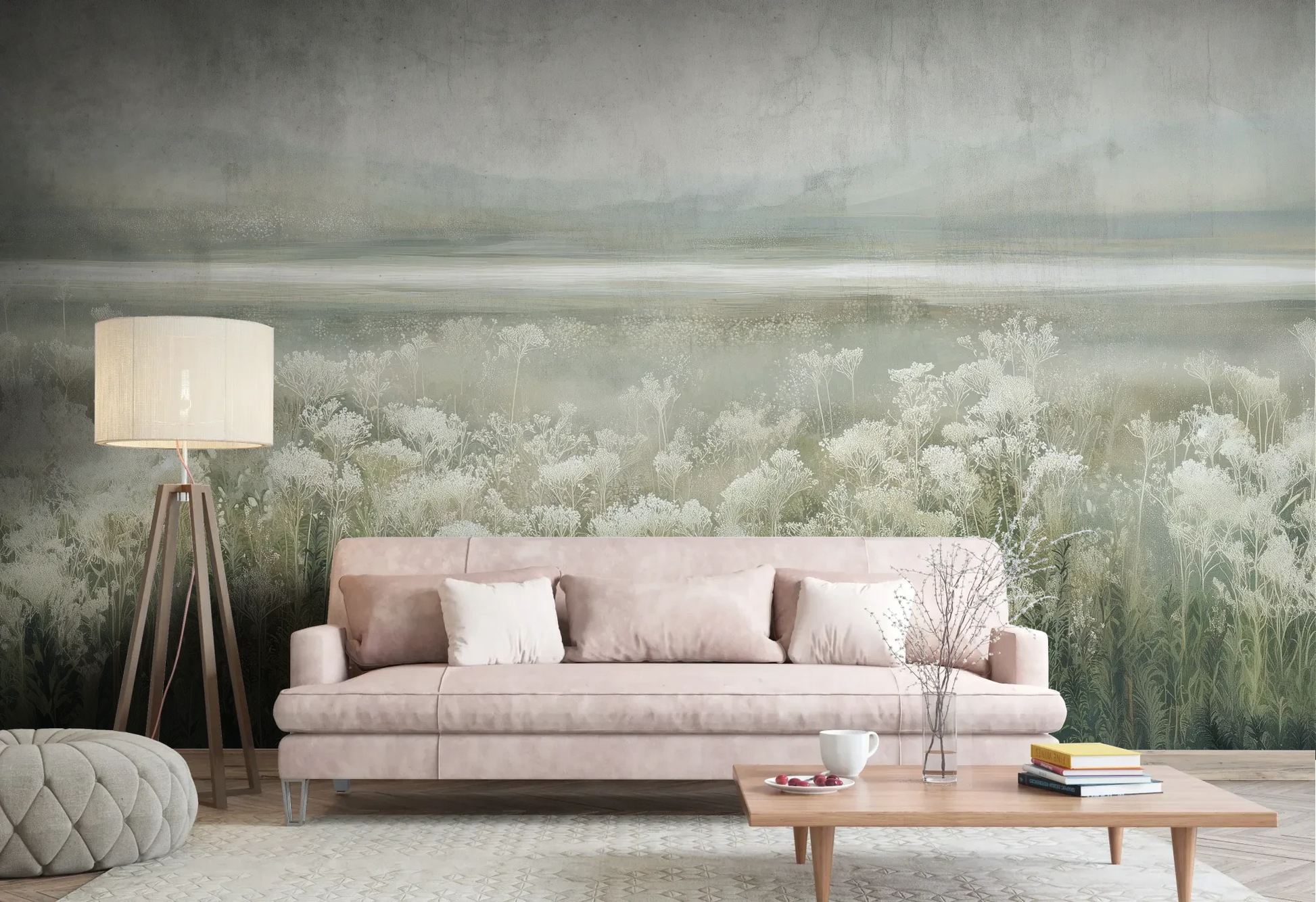 Wzór fototapety SILVER WILDFLOWERS - tapeta z mglistą łąką pokazanej w aranżacji salonu.