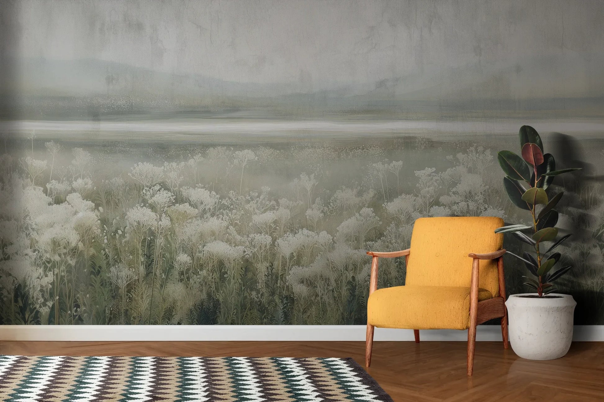 Wzór fototapety SILVER WILDFLOWERS - tapeta z mglistą łąką pokazanej w aranżacji salonu.