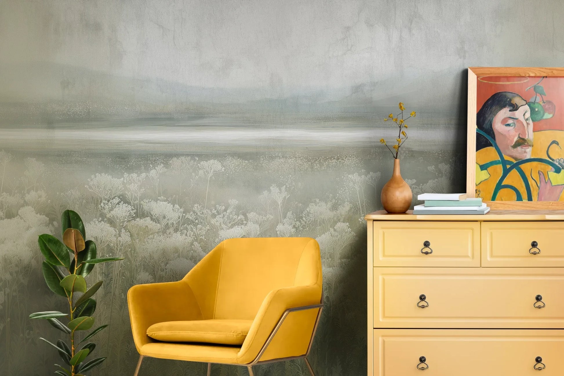 Wzór fototapety SILVER WILDFLOWERS - tapeta z mglistą łąką pokazanej w aranżacji salonu.