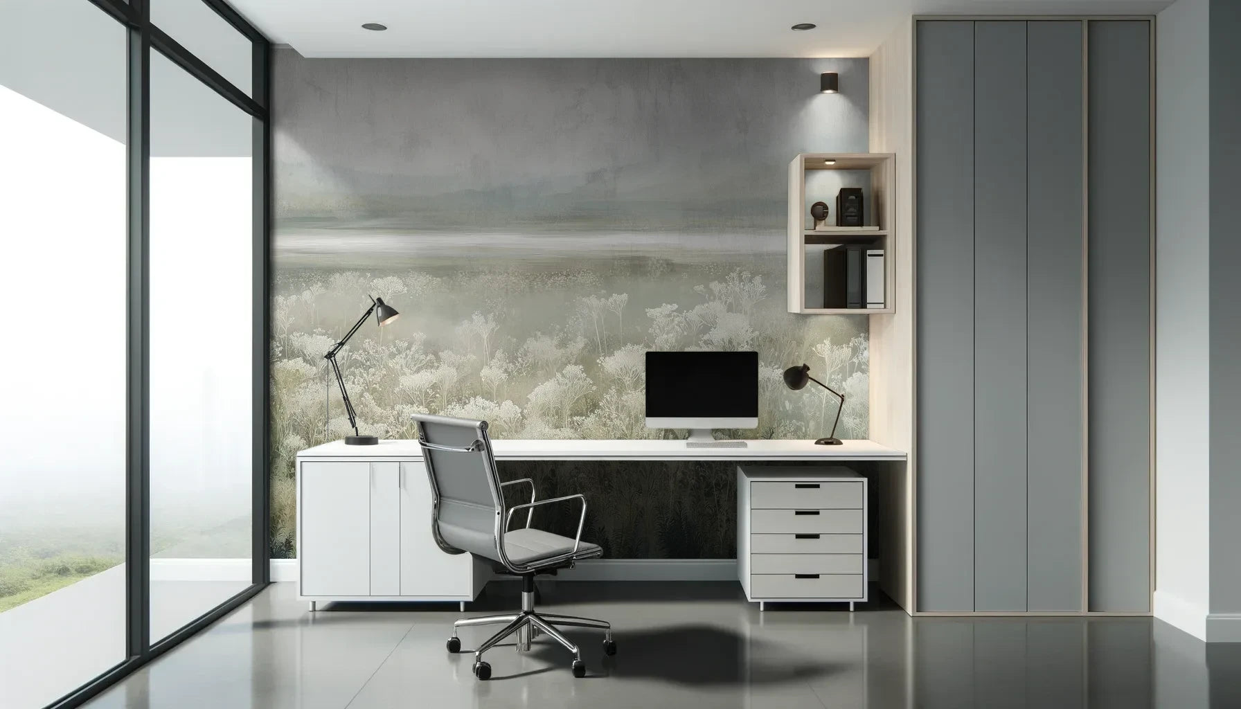 Fototapeta SILVER WILDFLOWERS - tapeta z mglistą łąką pokazana w aranżacji biura.