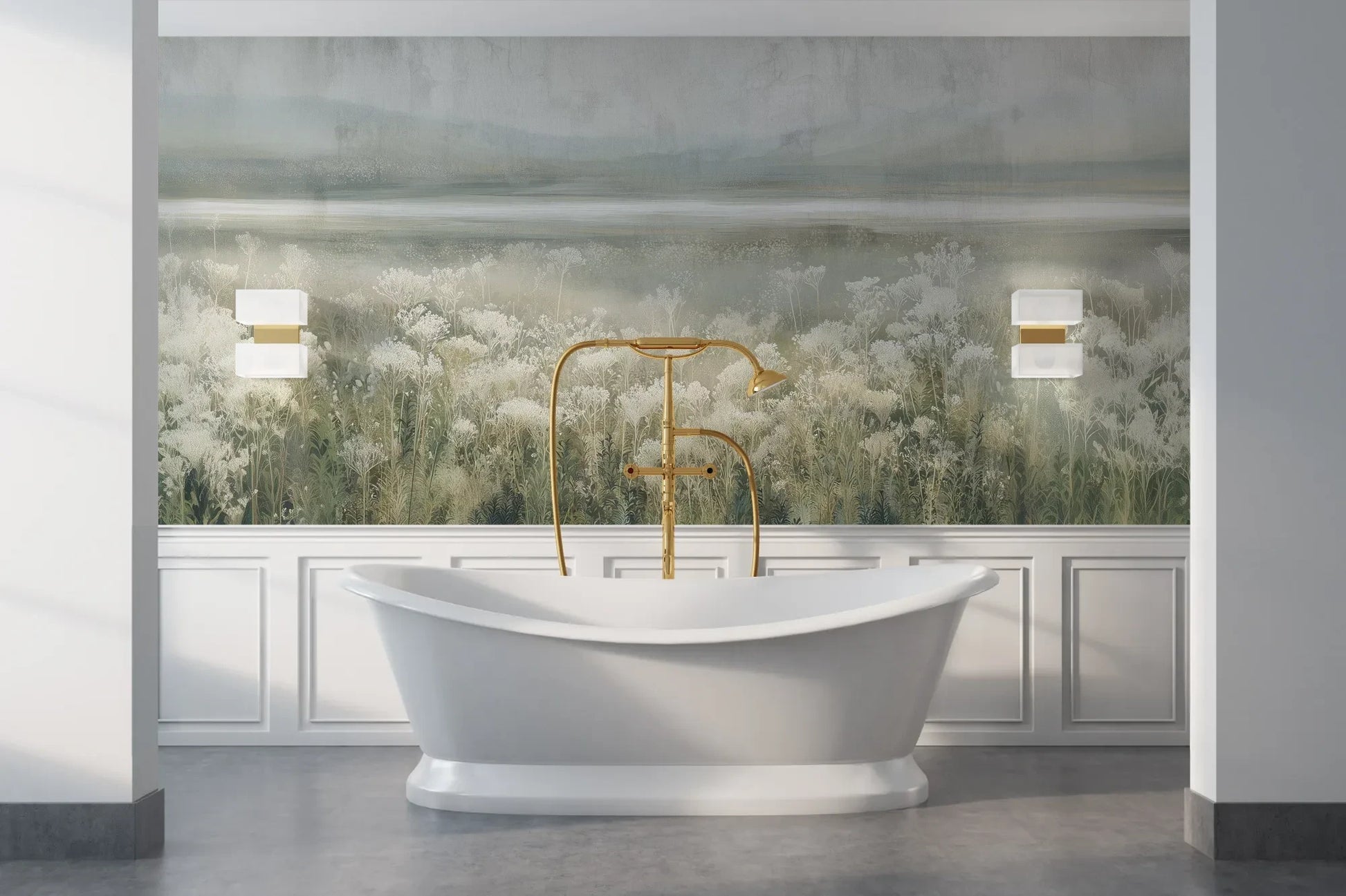 Wzór fototapety SILVER WILDFLOWERS - tapeta z mglistą łąką pokazanej w aranżacji łazienki.