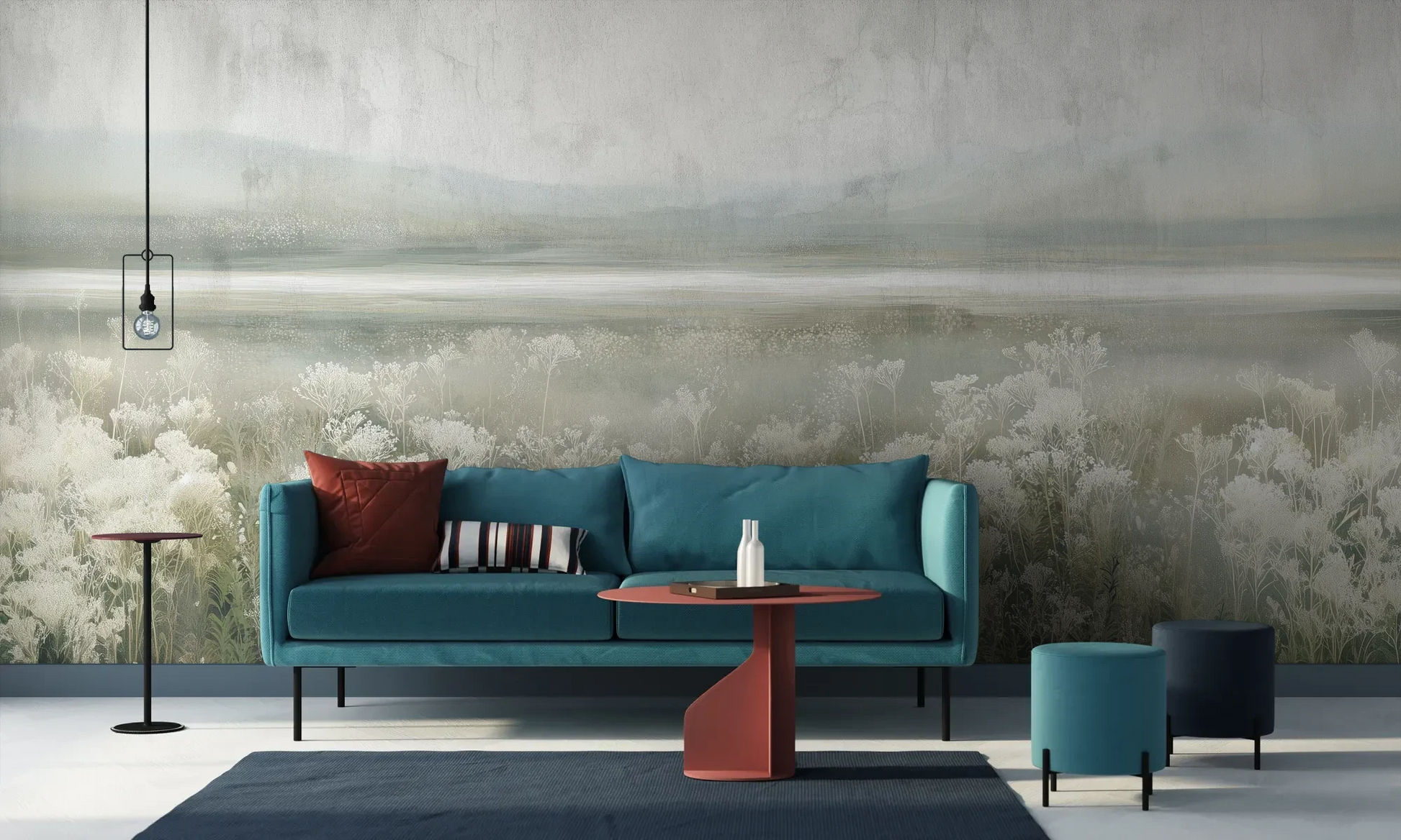 Wzór fototapety SILVER WILDFLOWERS - tapeta z mglistą łąką pokazanej w aranżacji salonu.