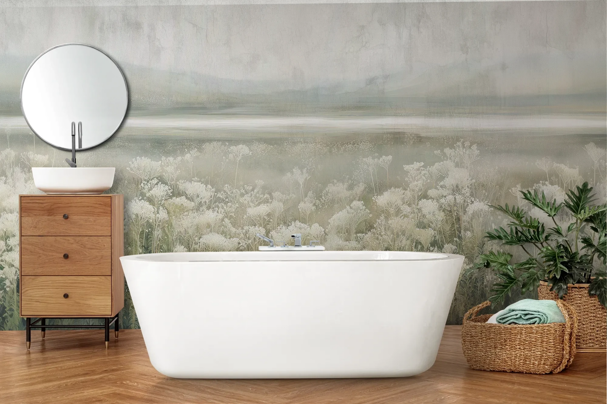 Wzór fototapety SILVER WILDFLOWERS - tapeta z mglistą łąką pokazanej w aranżacji łazienki.