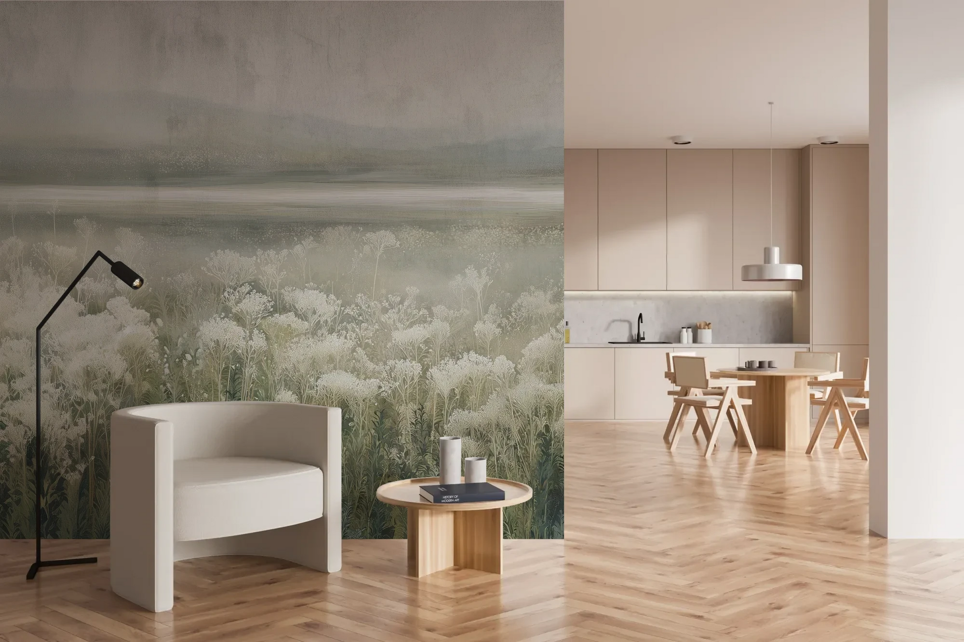 Wzór fototapety SILVER WILDFLOWERS - tapeta z mglistą łąką pokazanej w aranżacji kuchni.