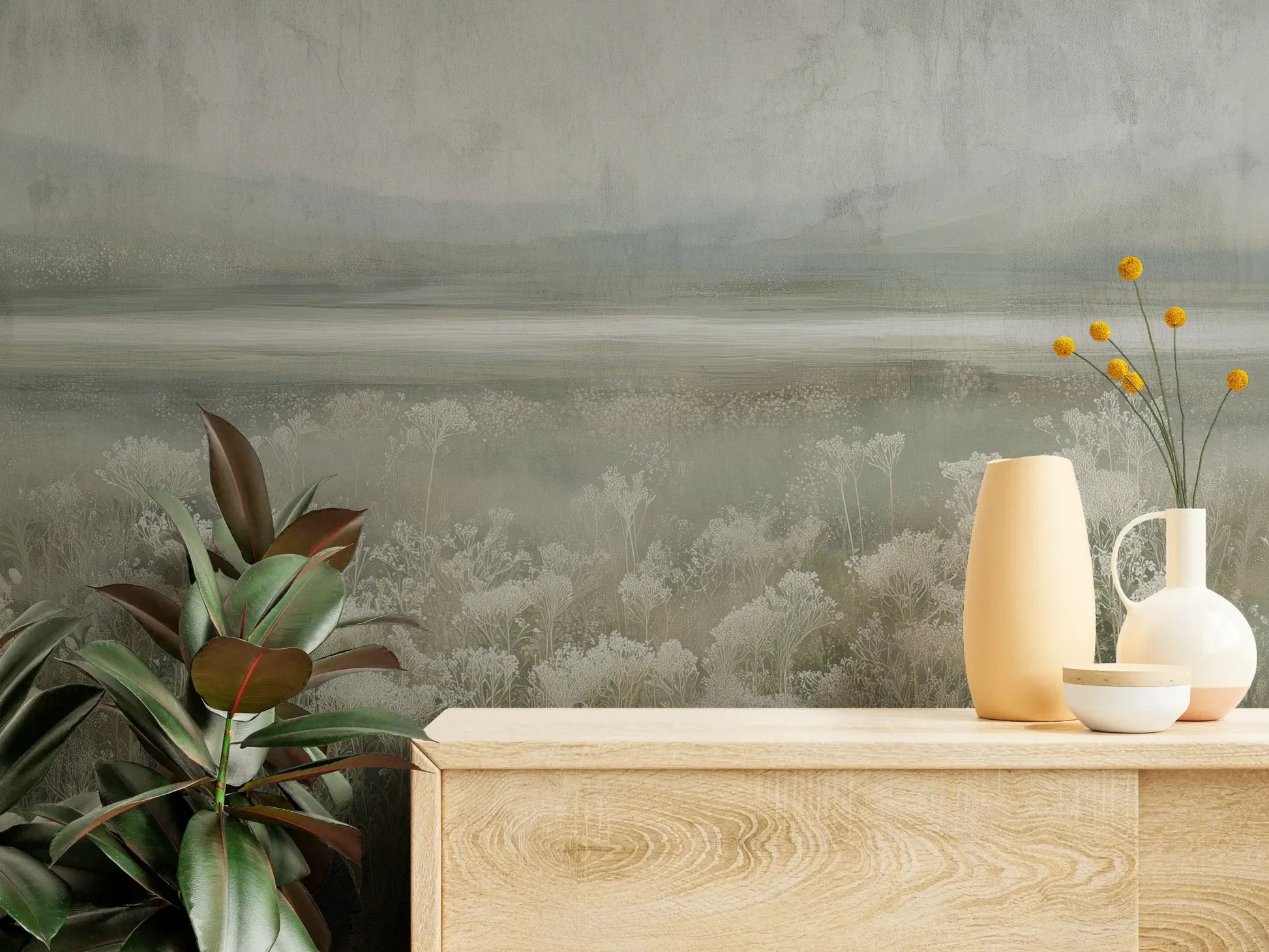 Fototapeta SILVER WILDFLOWERS - tapeta z mglistą łąką pokazana w aranżacji wnętrza z akcentem na ścianie.