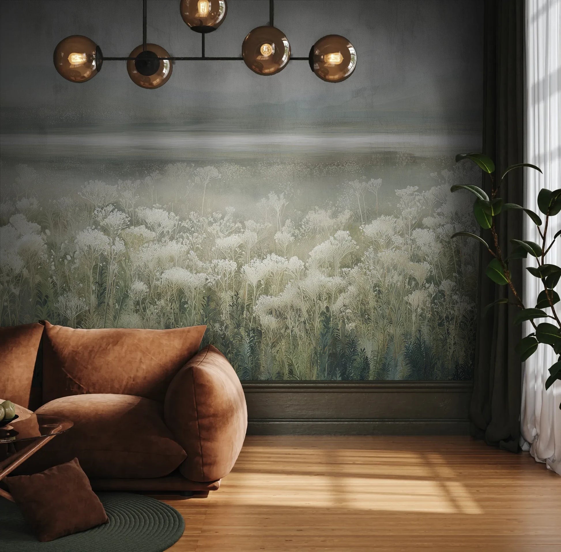 Fototapeta SILVER WILDFLOWERS - tapeta z mglistą łąką pokazana w aranżacji wnętrza z akcentem na ścianie.