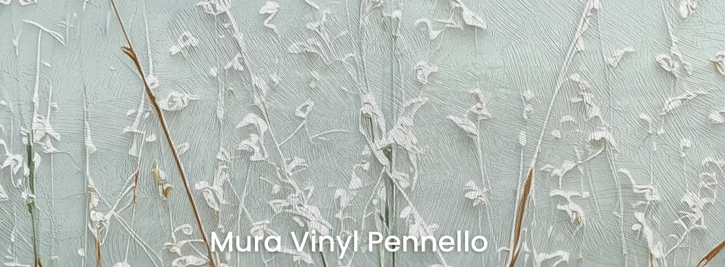 Zbliżenie na fototapetę DEWDROP MEADOW - tapeta z rosistymi trawami o świcie na podłożu o fakturze pociągnięć pędzla.