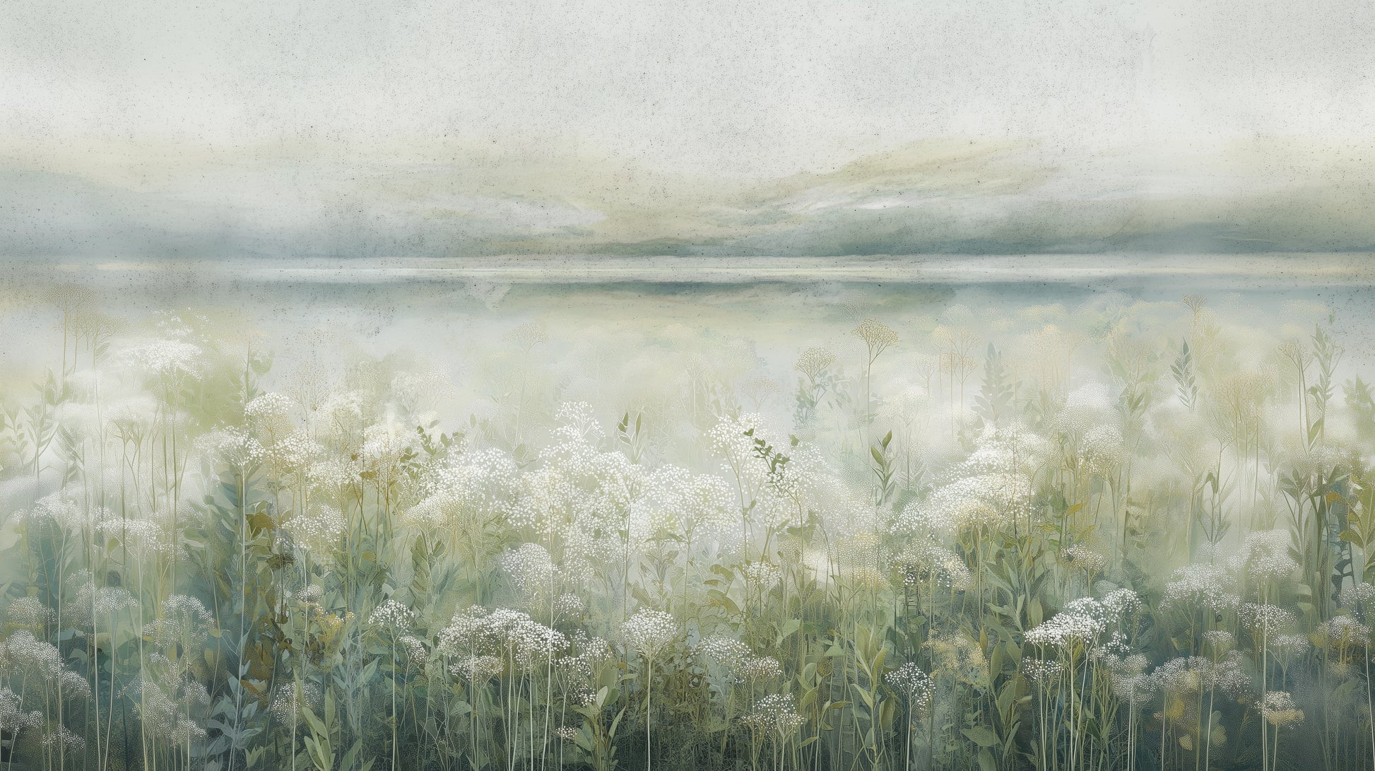 Prezentacja całego wzoru fototapety o nazwie HORIZON REVERIE - tapeta z delikatną łąką w porannej mgle