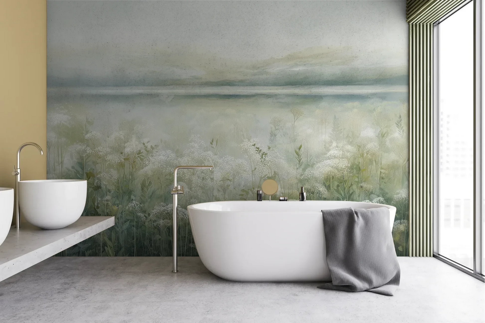 Wzór fototapety HORIZON REVERIE - tapeta z delikatną łąką w porannej mgle pokazanej w aranżacji łazienki.