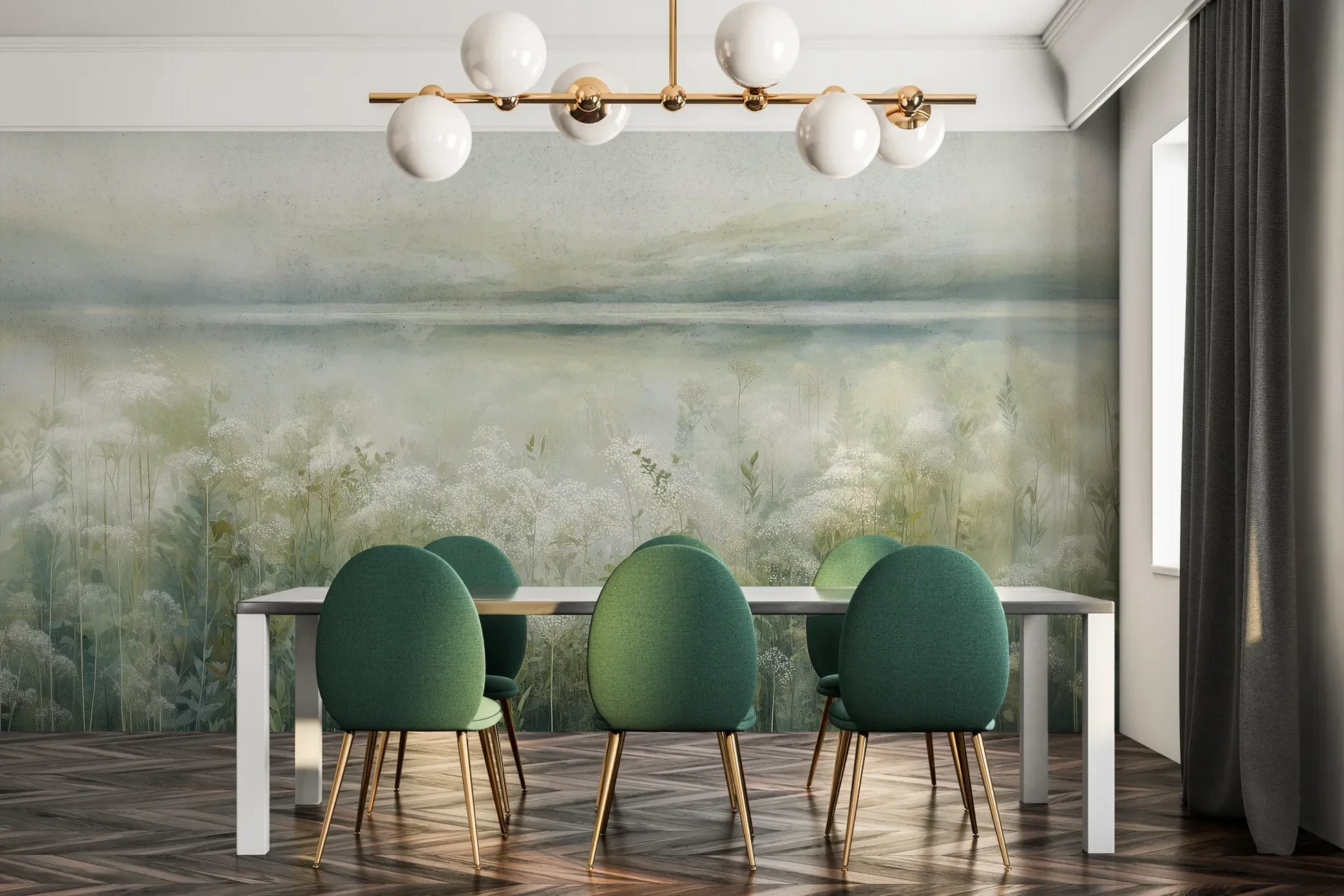 Fototapeta HORIZON REVERIE - tapeta z delikatną łąką w porannej mgle pokazana w aranżacji jadalni.