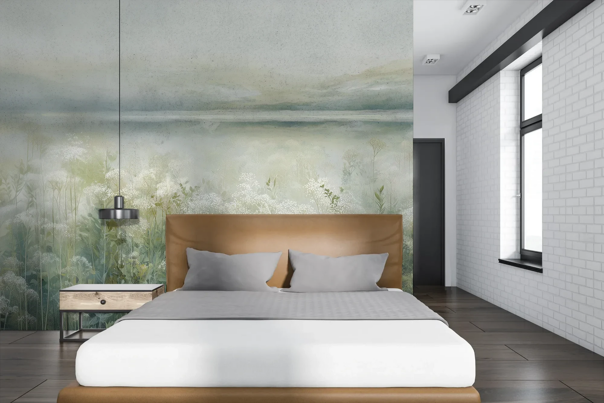 Wzór fototapety HORIZON REVERIE - tapeta z delikatną łąką w porannej mgle pokazanej w aranżacji sypialni.