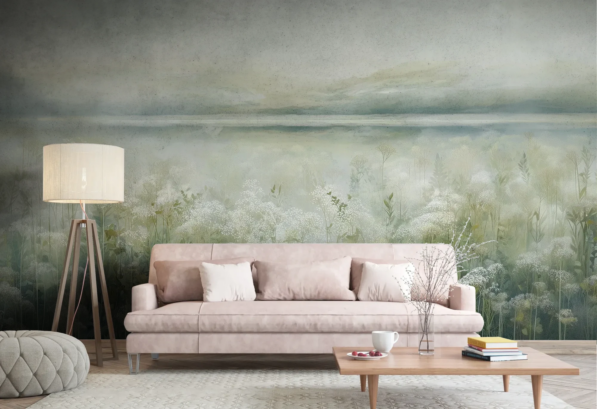 Wzór fototapety HORIZON REVERIE - tapeta z delikatną łąką w porannej mgle pokazanej w aranżacji salonu.